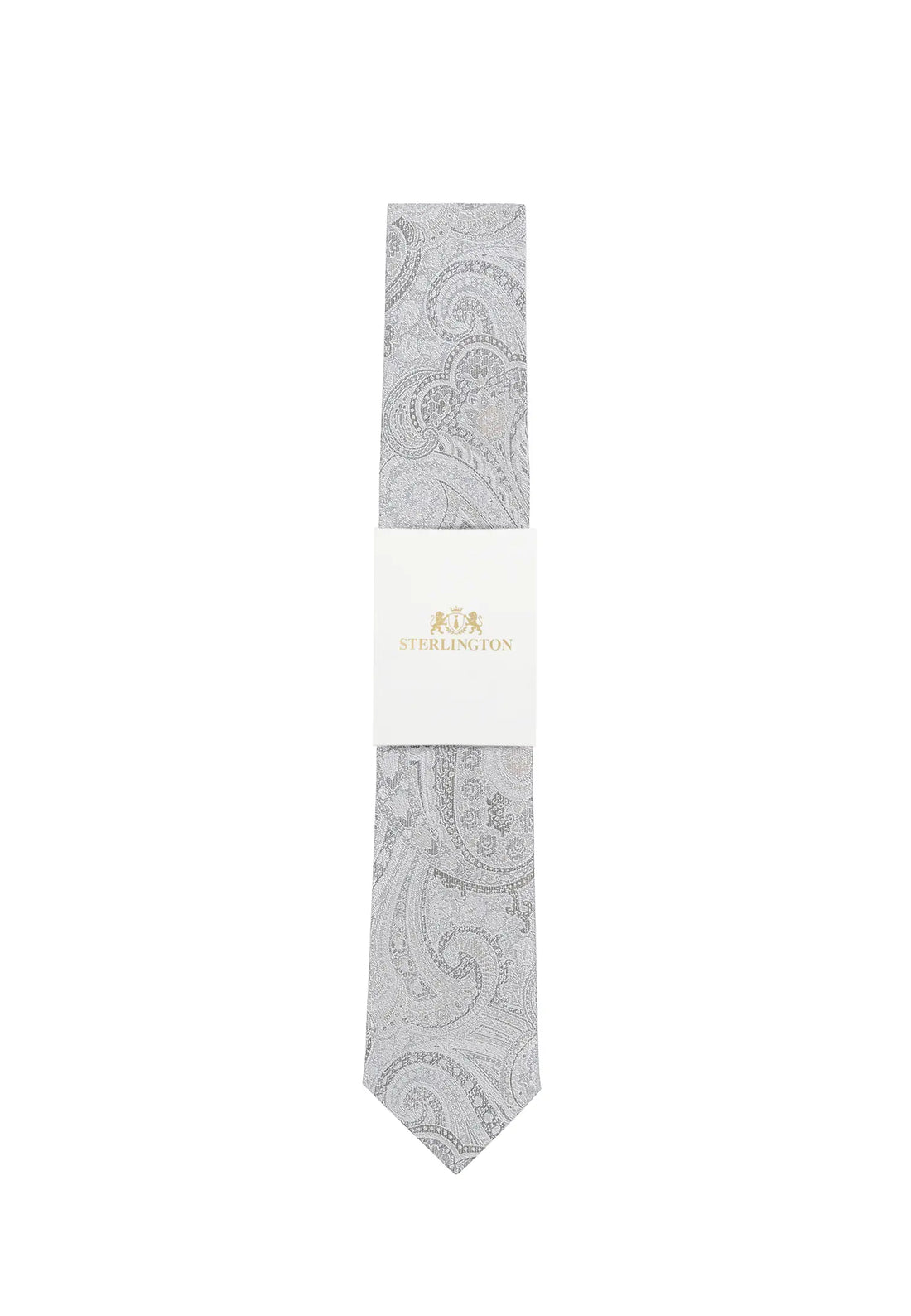 (Silber) Hochzeitskrawatte Sterlington Paisley – mit Banderole Gesamtansicht