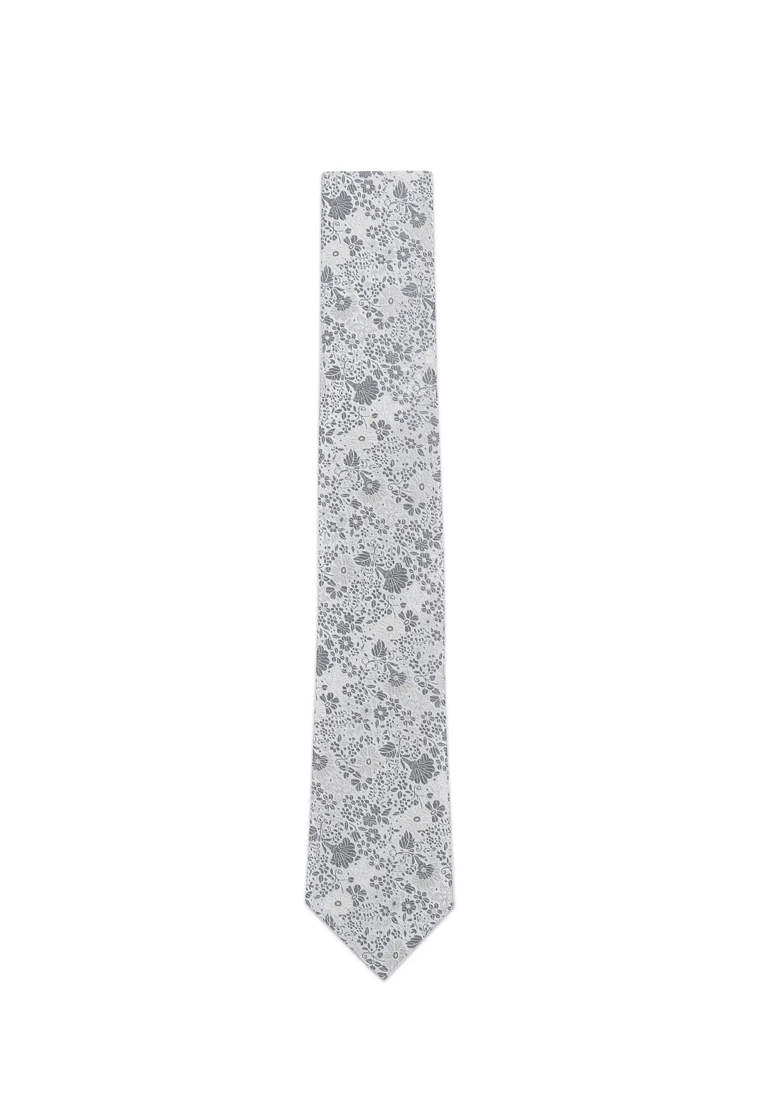 (Silber) Krawatte Hochzeit Floral Seide – Frontalansicht gerade ausgelegt