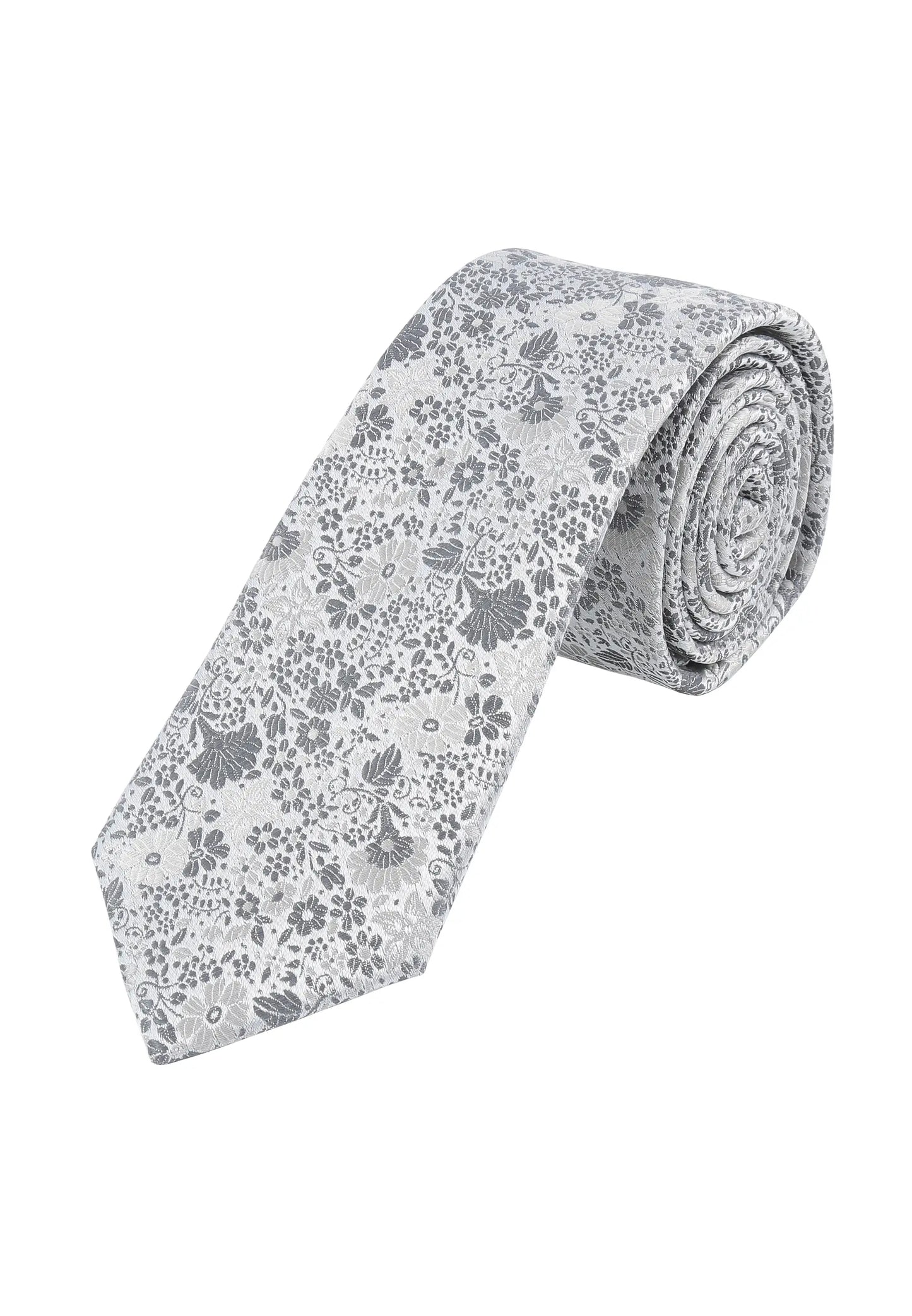 (Silber) Hochzeitskrawatte Herren Floral Seide – gerollt Gesamtansicht