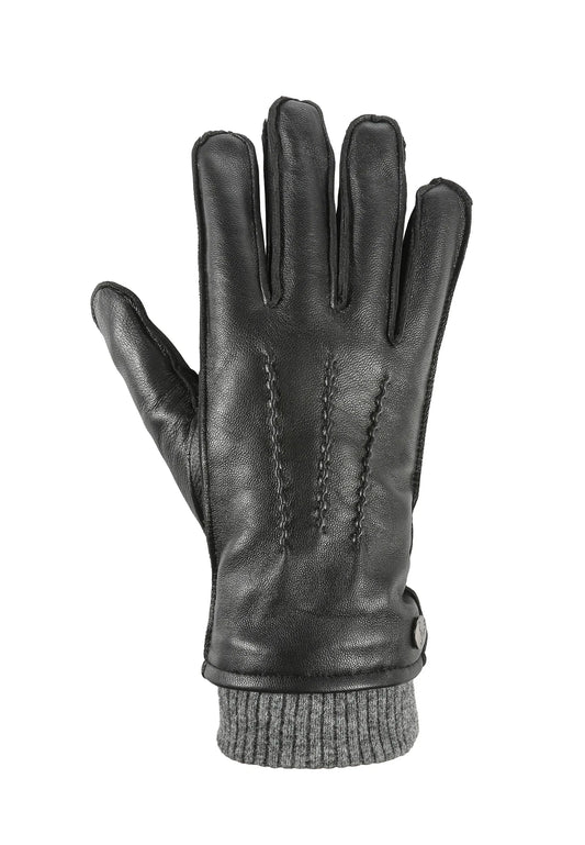(Schwarz) Lederhandschuhe Herren mit Strickbund – Handrücken mit Ziernähten