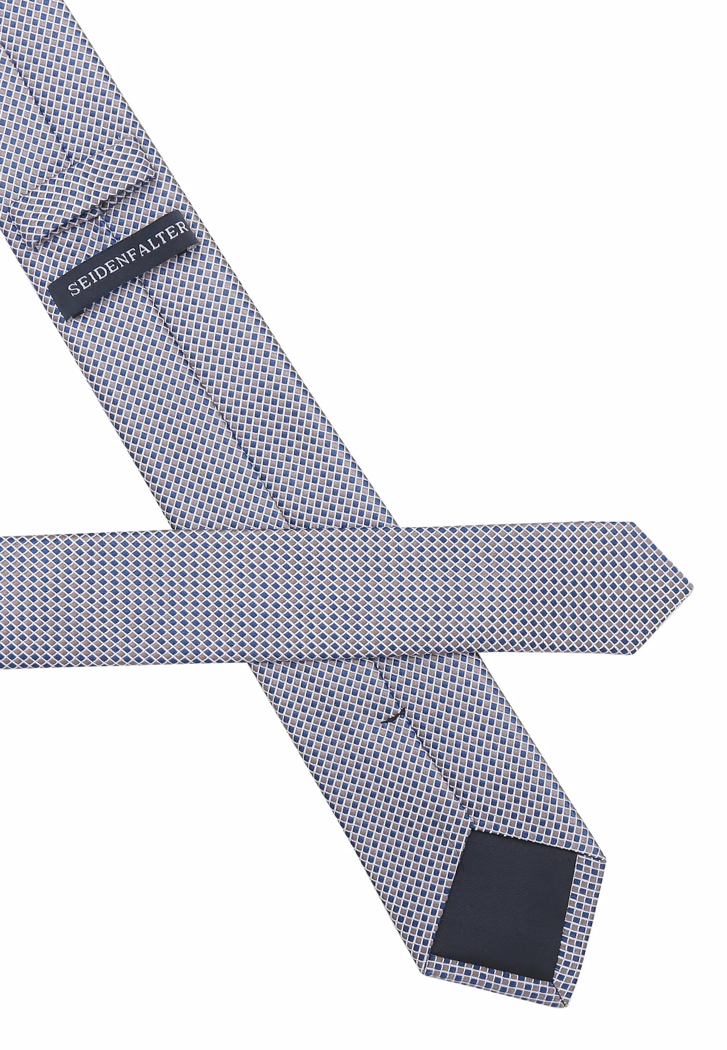 (Beige) Schmale Seidenkrawatte im Würfelmuster, Rückansicht mit Innenfutter
