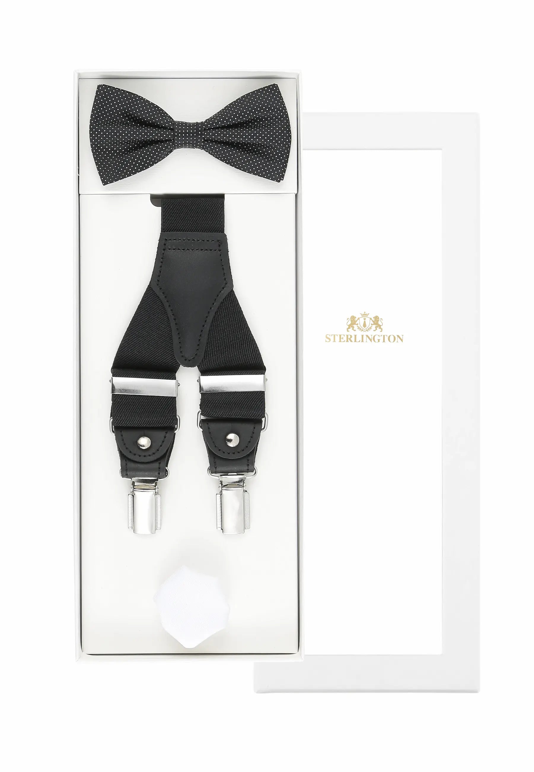 (Schwarz) Hosenträger Set Herren mit Fliege und Einstecktuch – Sterlington Geschenkbox