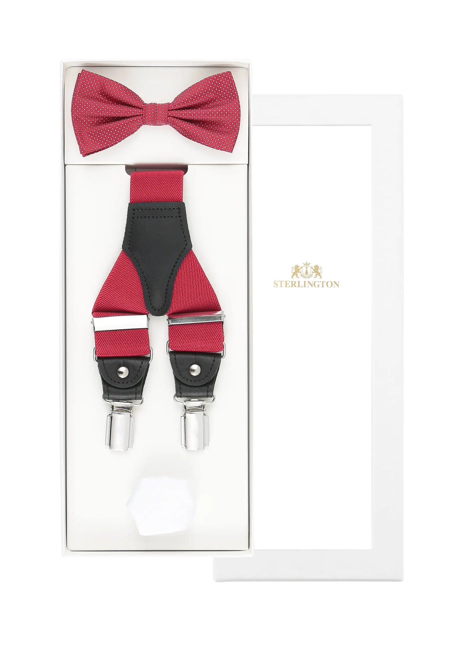 (Rot) Hosenträger Set Herren mit Fliege und Einstecktuch – Sterlington Geschenkbox