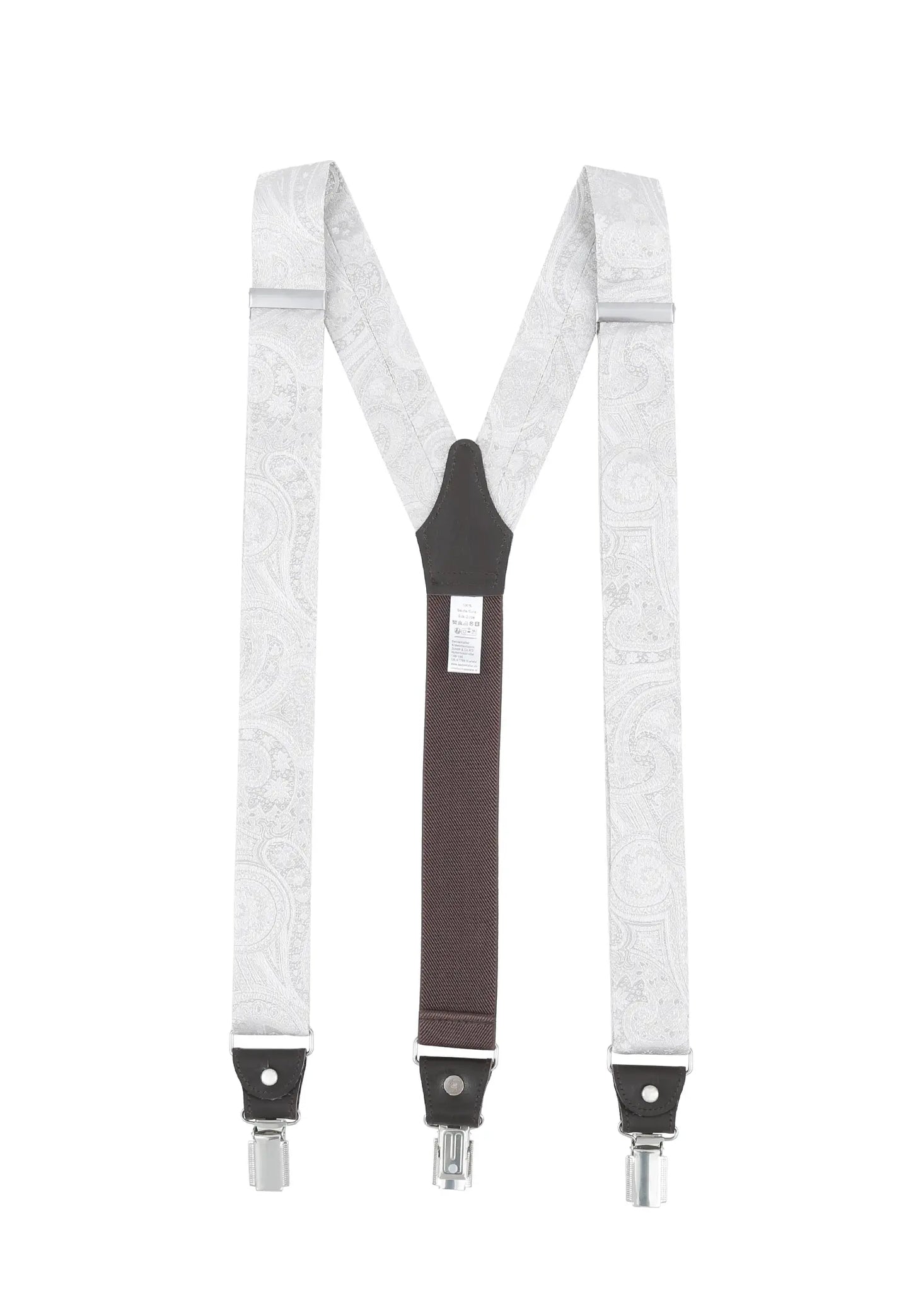 (Champagner) Hosenträger Herren Paisley Seide – Y-Form Rückansicht mit Clips und Lederdetails