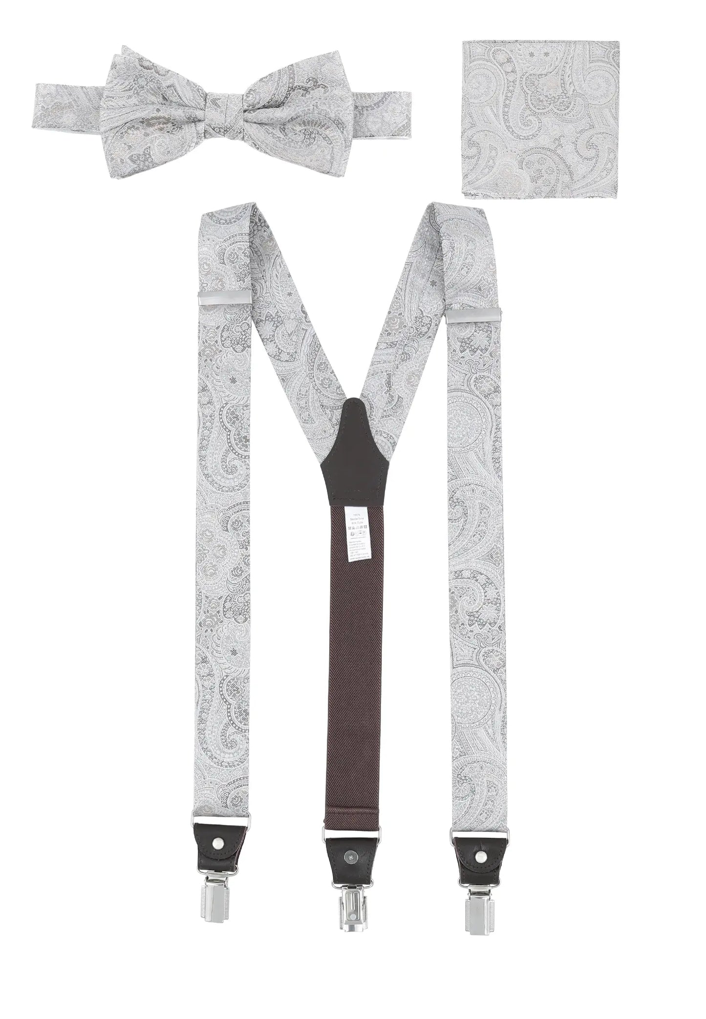 (Silber) Hosenträger Set Paisley Seide mit Fliege und Einstecktuch – Gesamtansicht Y-Form