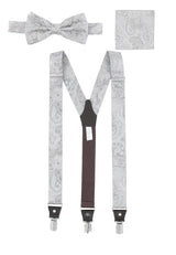 (Silber) Hosenträger Set Paisley Seide mit Fliege und Einstecktuch – Gesamtansicht Y-Form