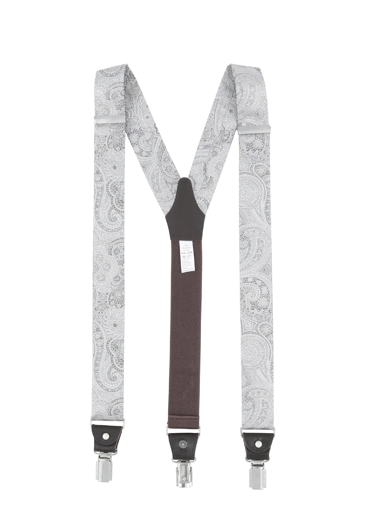 (Silber) Hosenträger Herren Paisley Seide – Y-Form Rückansicht mit Clips und Lederdetails