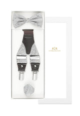 (Silber) Hosenträger Set Hochzeit Paisley mit Fliege und Einstecktuch – Sterlington Geschenkbox