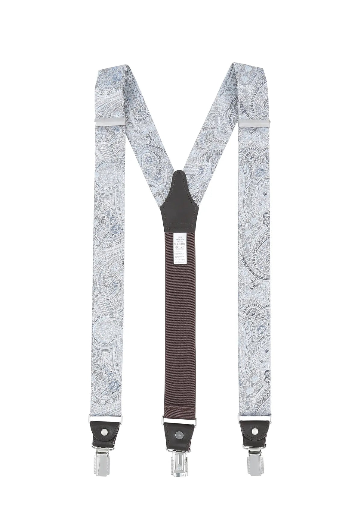 (Blau) Hosenträger Herren Paisley Seide – Y-Form Rückansicht mit Clips und Lederdetails