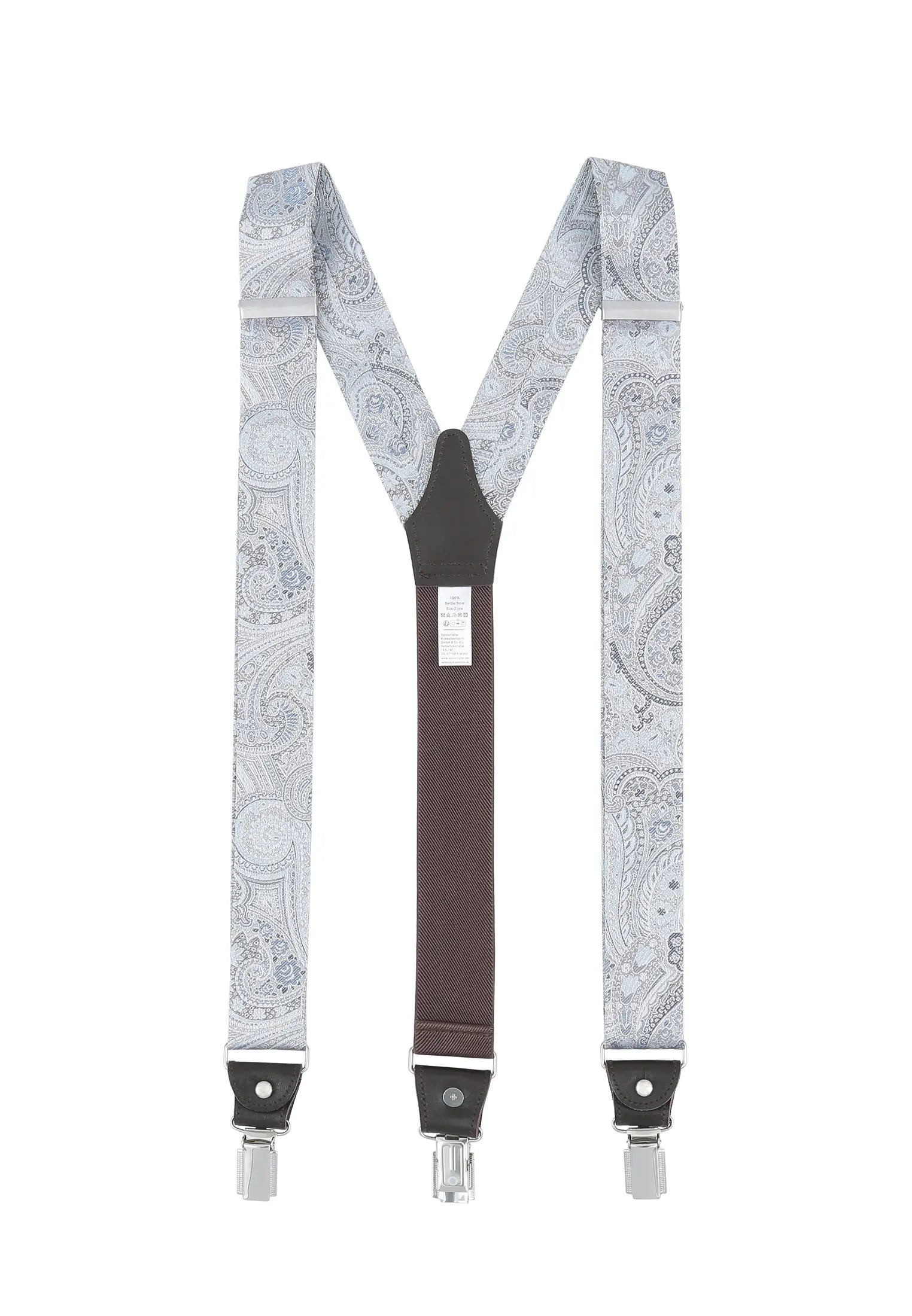 (Blau) Hosenträger Herren Paisley Seide – Y-Form Rückansicht mit Clips und Lederdetails
