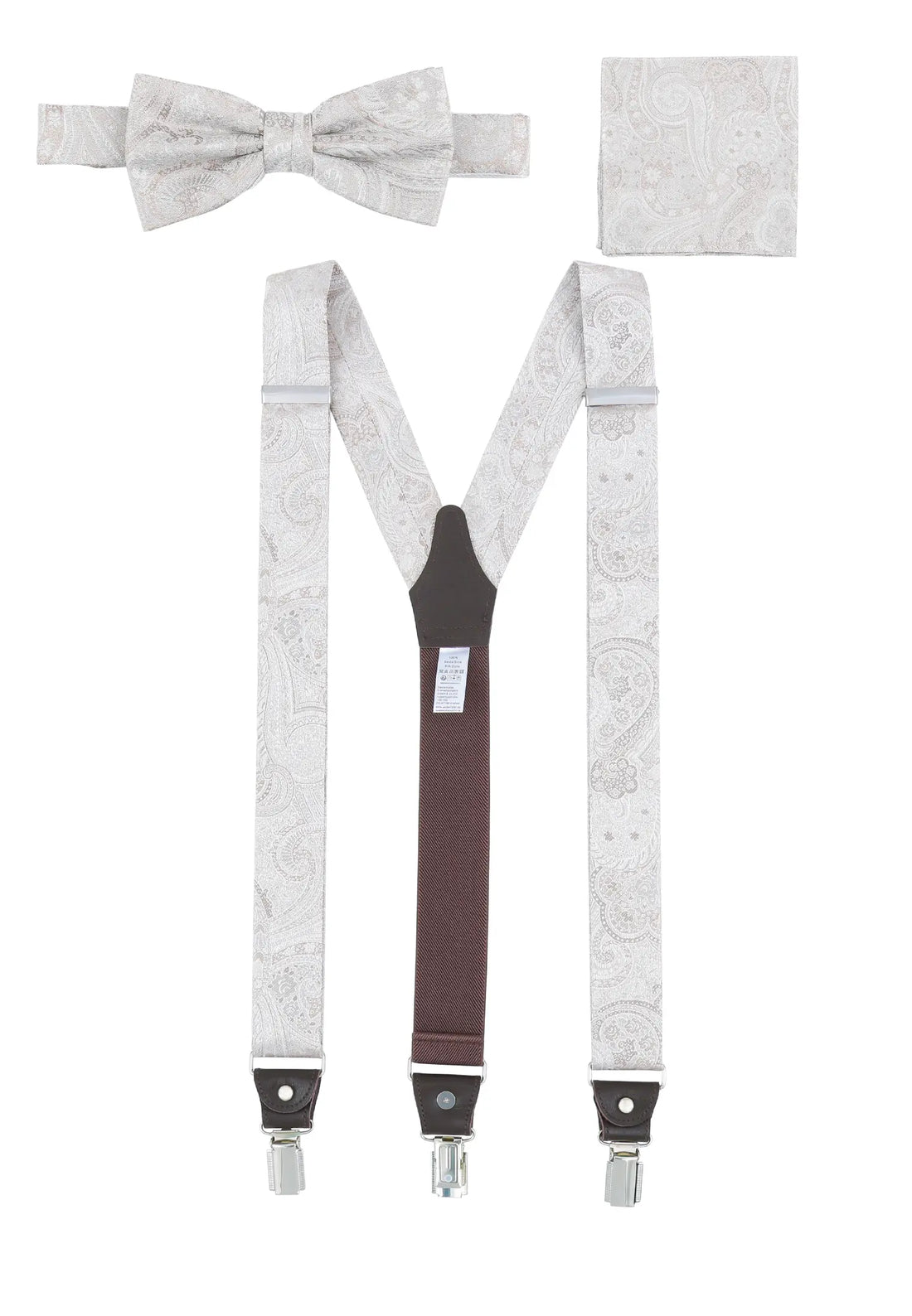 (Beige) Hosenträger Set Paisley Seide mit Fliege und Einstecktuch – Gesamtansicht Y-Form