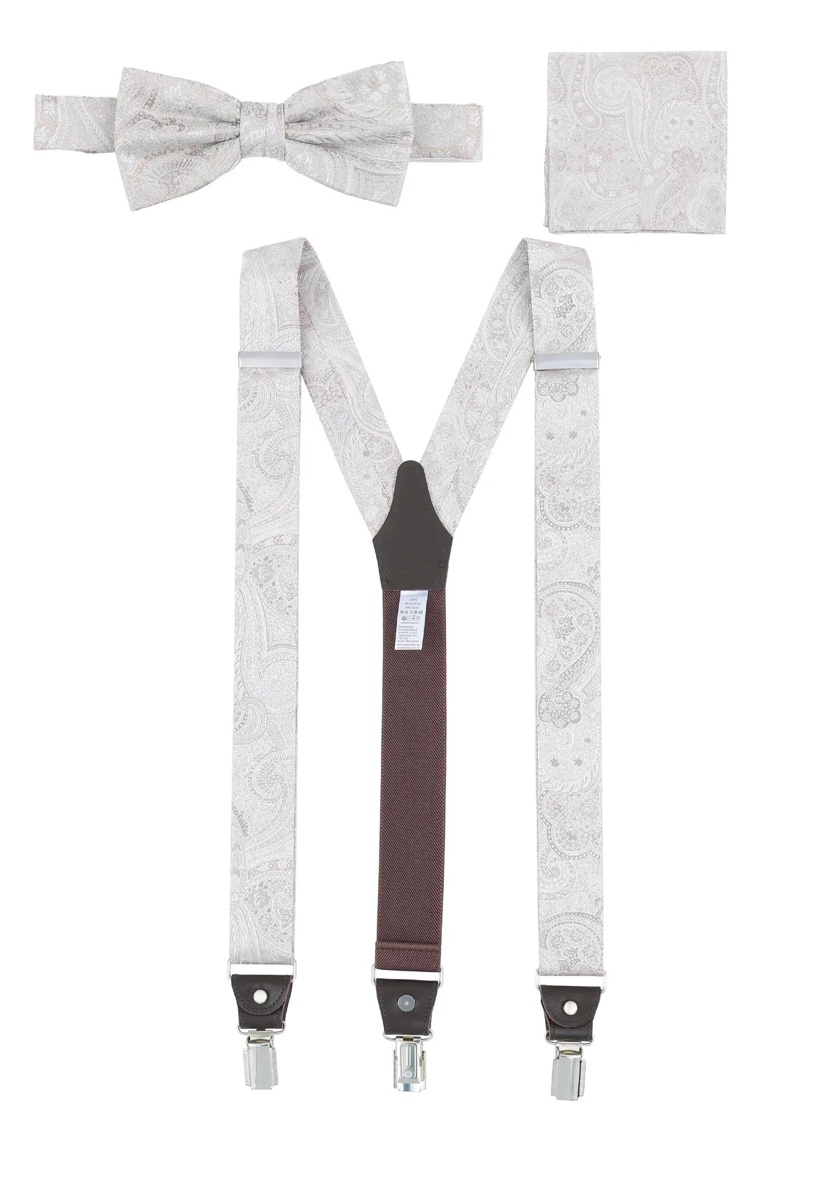 (Beige) Hosenträger Set Paisley Seide mit Fliege und Einstecktuch – Gesamtansicht Y-Form