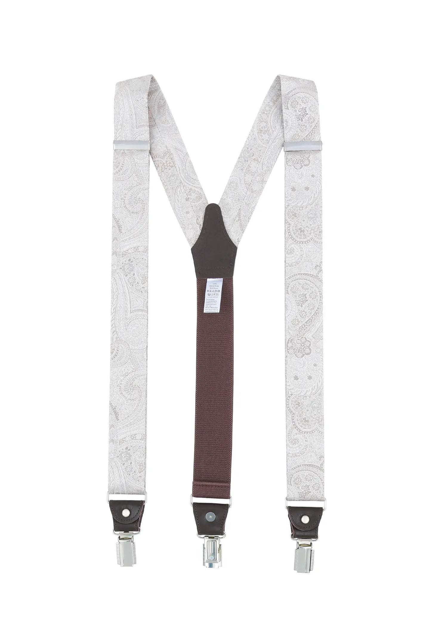 (Beige) Hosenträger Herren Paisley Seide – Y-Form Rückansicht mit Clips und Lederdetails
