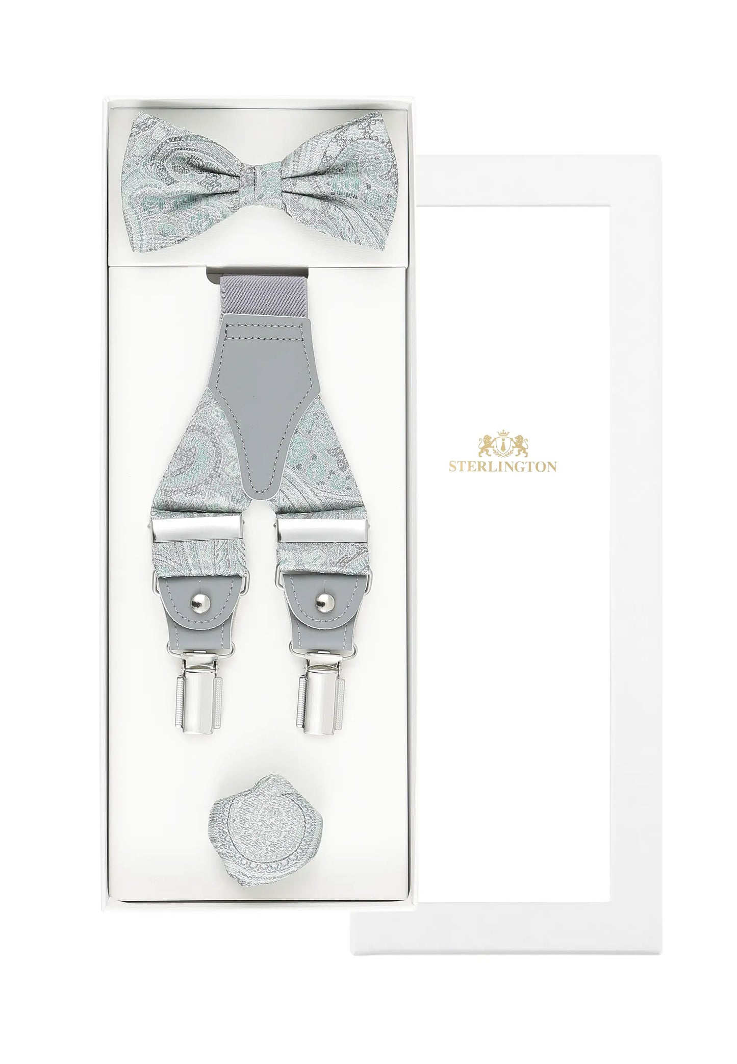 (Grün) Hosenträger Set Hochzeit Paisley mit Fliege und Einstecktuch – Sterlington Geschenkbox