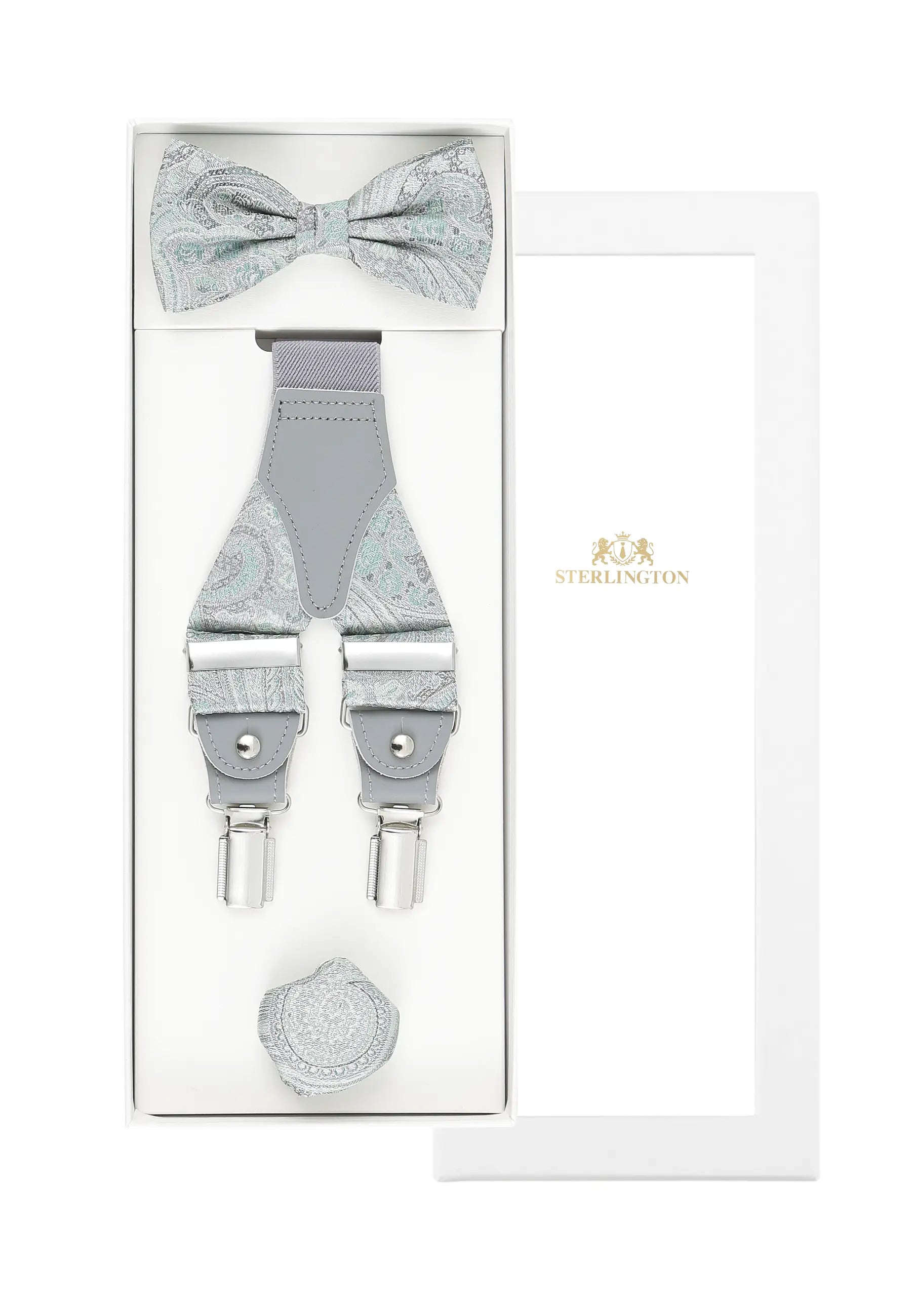 (Grün) Hosenträger Set Hochzeit Paisley mit Fliege und Einstecktuch – Sterlington Geschenkbox