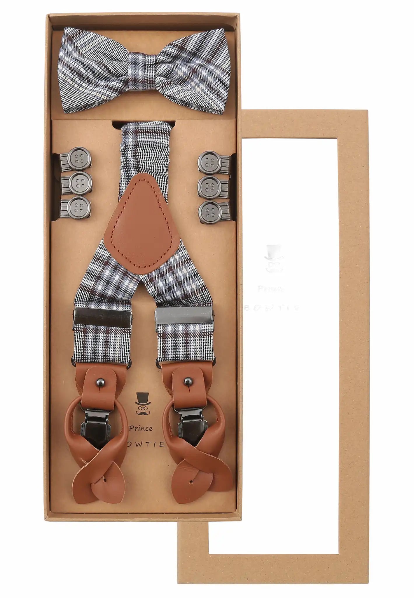 (Grau) Hosenträger-Set mit Fliege in Geschenkbox, zusätzlich enthaltene Knopfhalter, Glencheck mit Blau-Akzent
