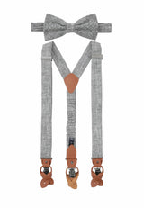 (Grau) Hosenträger und Fliege Herren Leinen – Y-Form mit Lederdetails