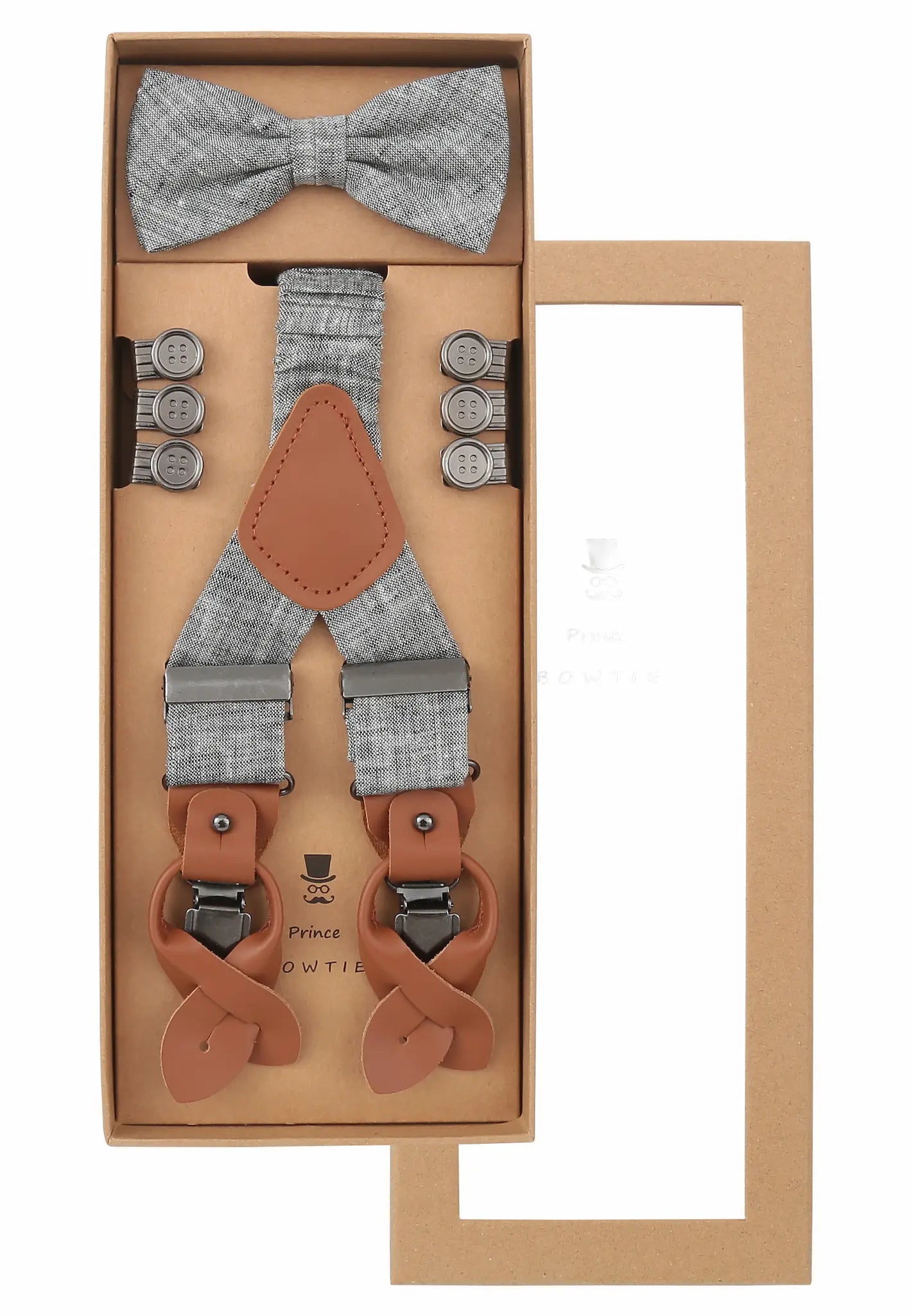 (Grau) Hosenträger Set Herren Leinen mit Fliege – Geschenkbox Prince Bowtie