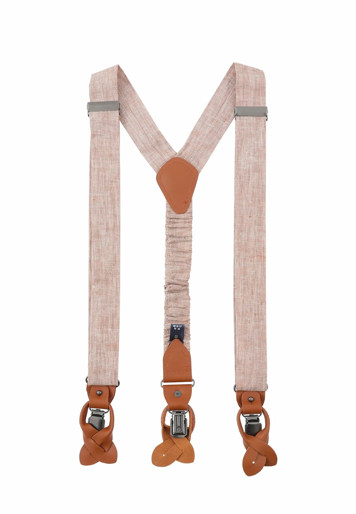 (Beige) Hosenträger Herren Leinen – Rückansicht Y-Form mit Clips und Lederschlaufen
