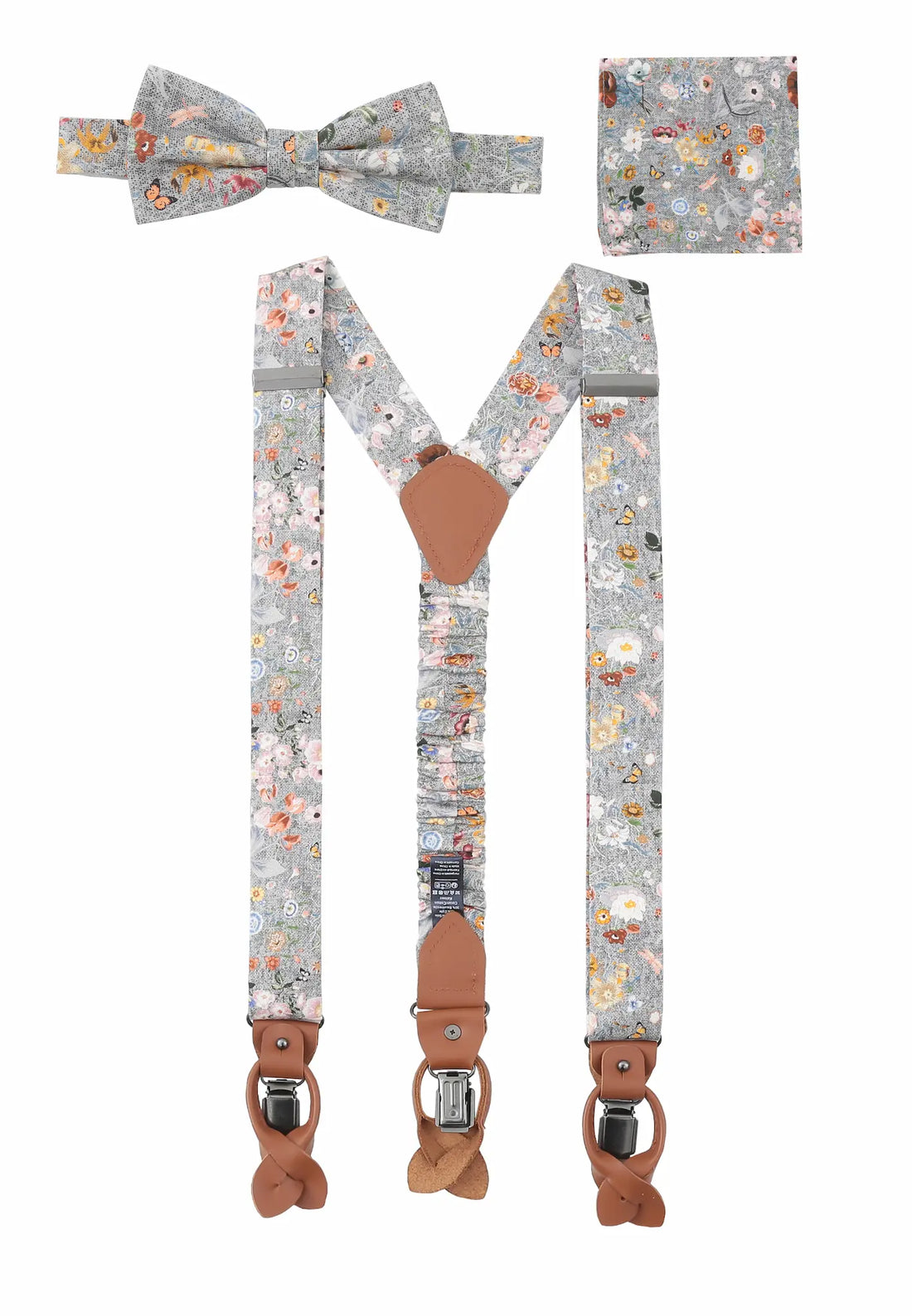 (Grau) Hosenträger Set Blumenmuster mit Fliege und Einstecktuch – Gesamtansicht