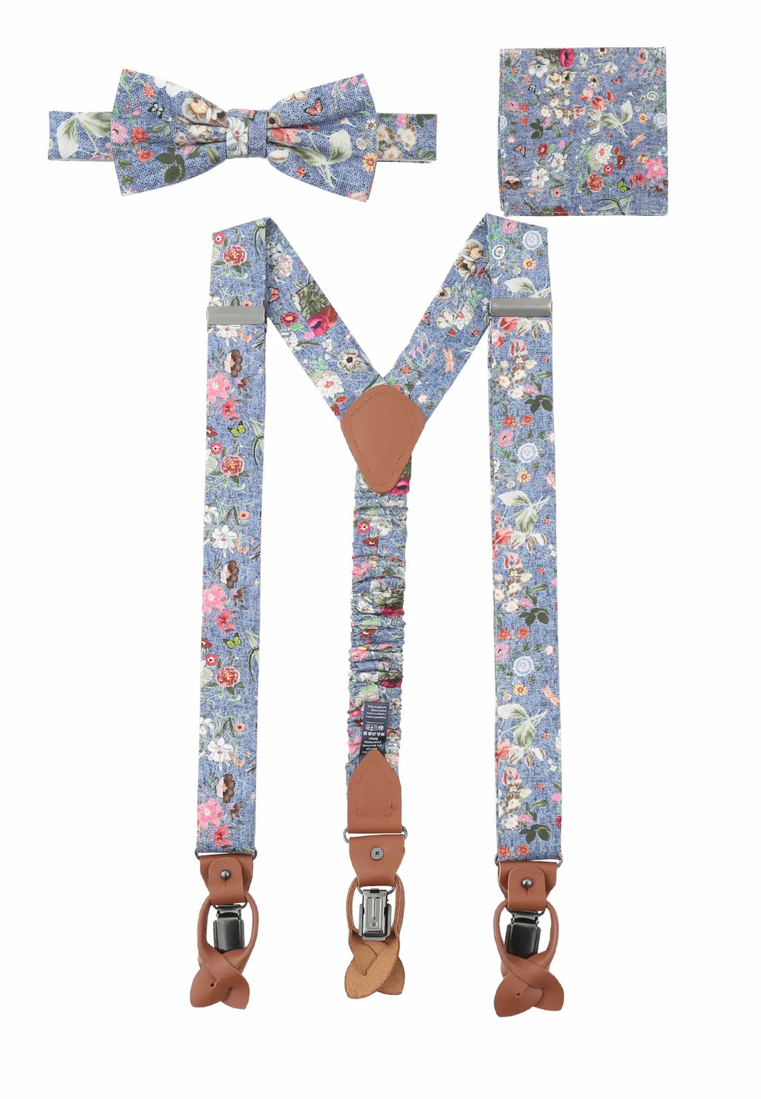 (Blau) Hosenträger Set Blumenmuster mit Fliege und Einstecktuch – Gesamtansicht