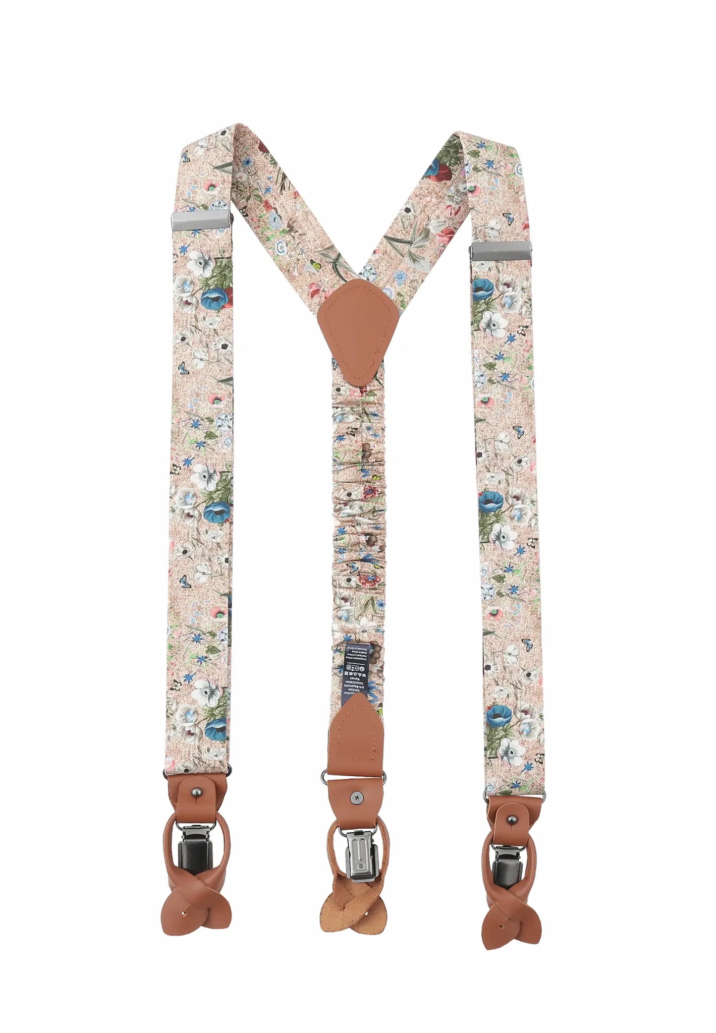 (Beige) Hosenträger Herren Blumenmuster – Rückansicht Y-Form mit Clips