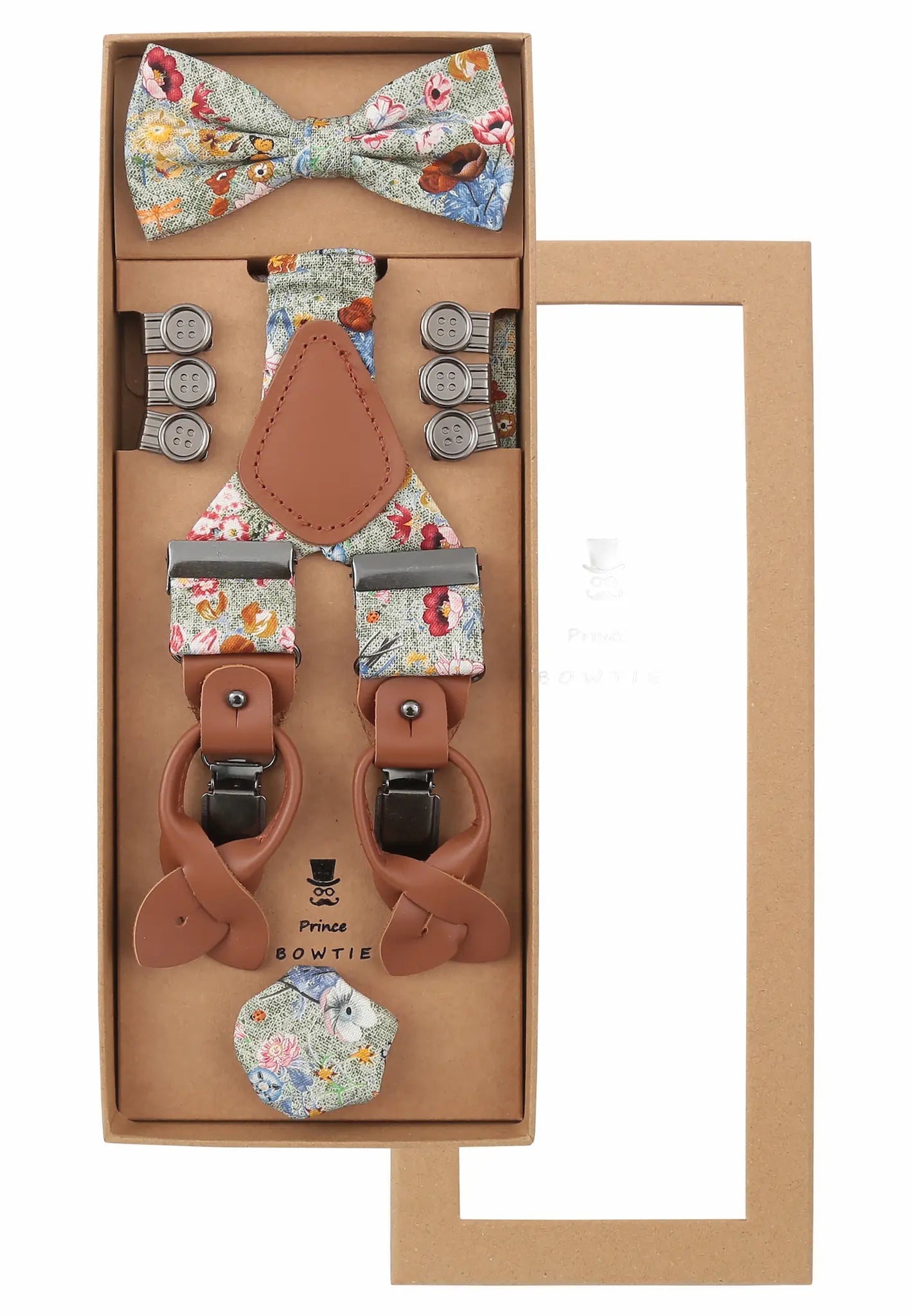 (Grün) Hosenträger Set Herren Blumenmuster mit Fliege – Geschenkbox