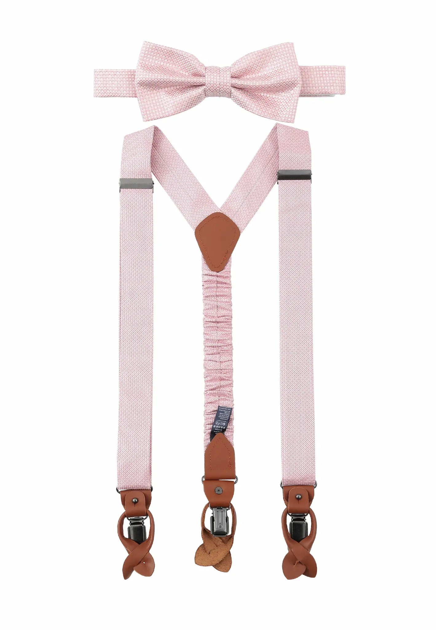 (Rosa) Hosenträger und Fliege Herren Mikromuster Seide – Y-Form mit Lederdetails
