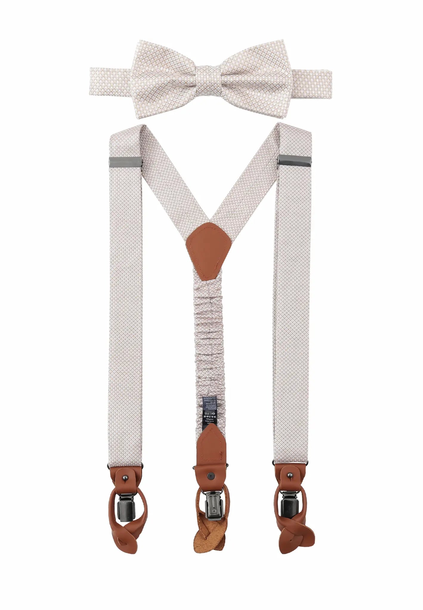 (Beige) Hosenträger und Fliege Herren Mikromuster Seide – Y-Form mit Lederdetails