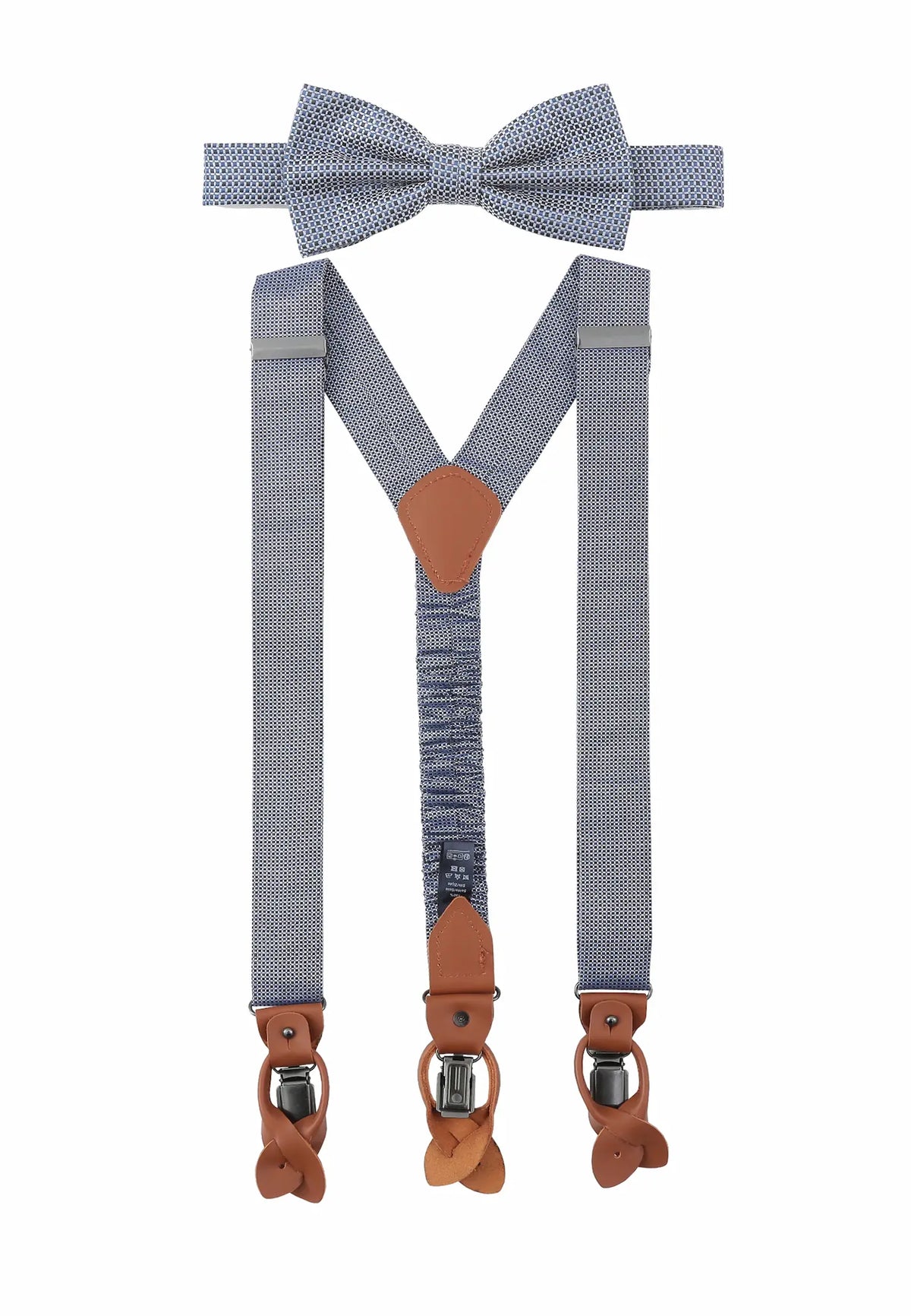 (Dunkelblau) Hosenträger und Fliege Herren Mikromuster Seide – Y-Form mit Lederdetails