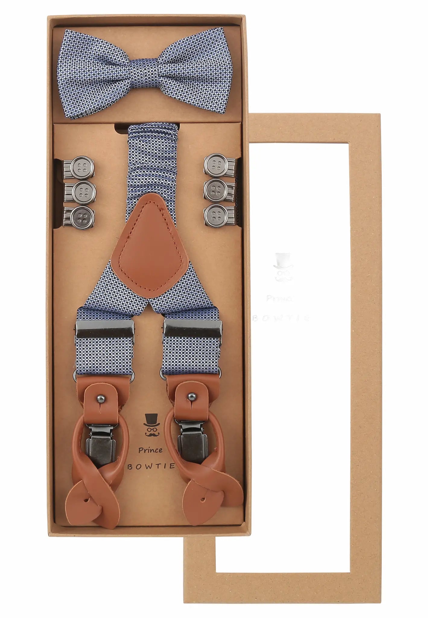(Dunkelblau) Hosenträger Set Herren mit Fliege Mikromuster Seide – Geschenkbox Prince Bowtie