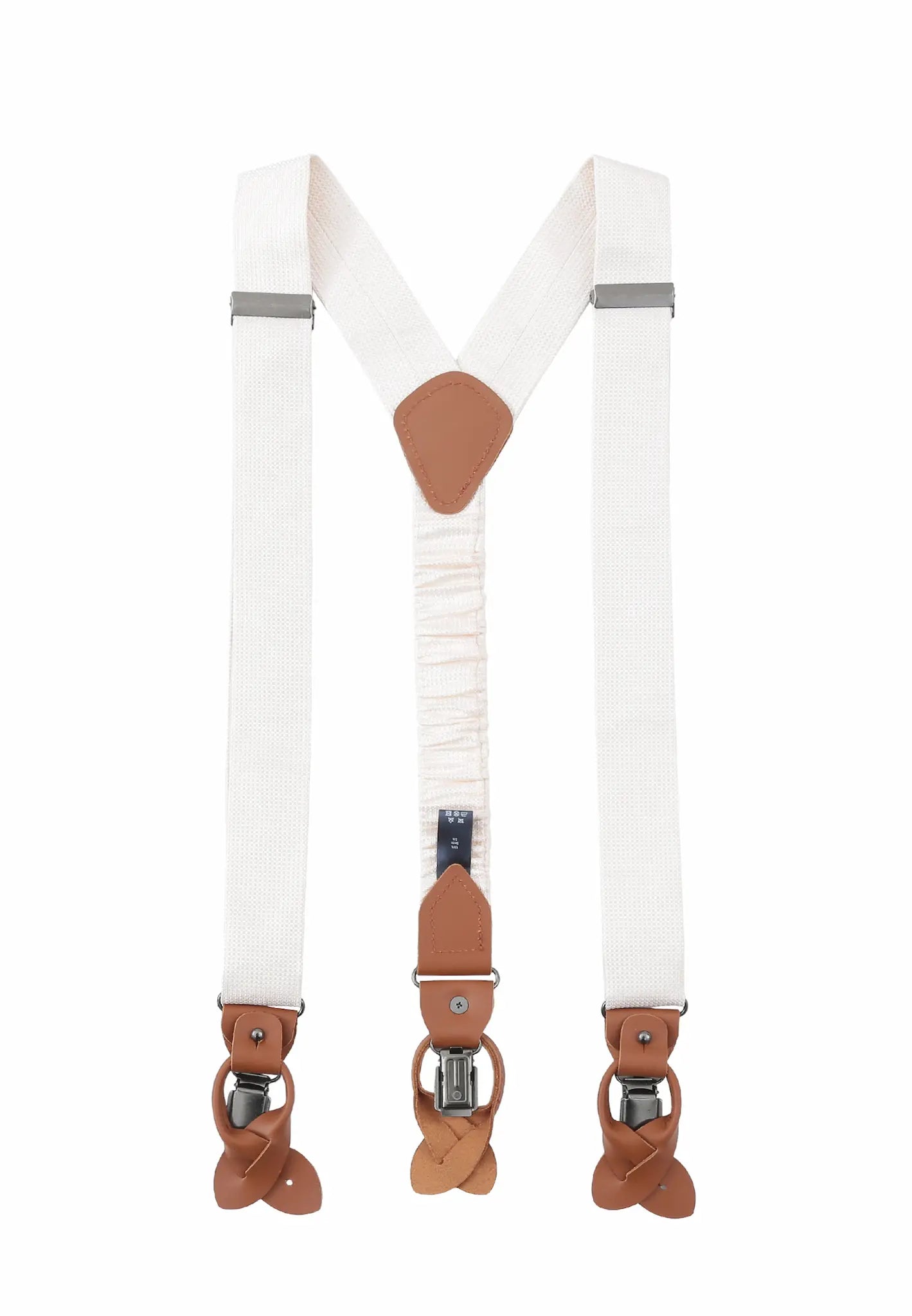(Off-White) Hosenträger Herren Seide – Rückansicht Y-Form mit Clips und Lederschlaufen