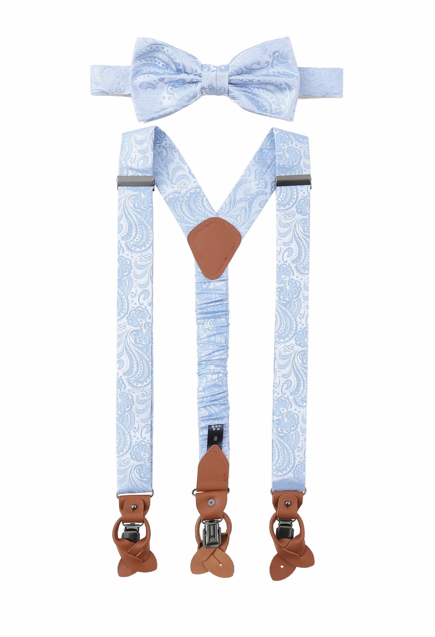 (Hellblau) Hosenträger und Fliege Herren Paisley Seide – Y-Form mit Lederdetails