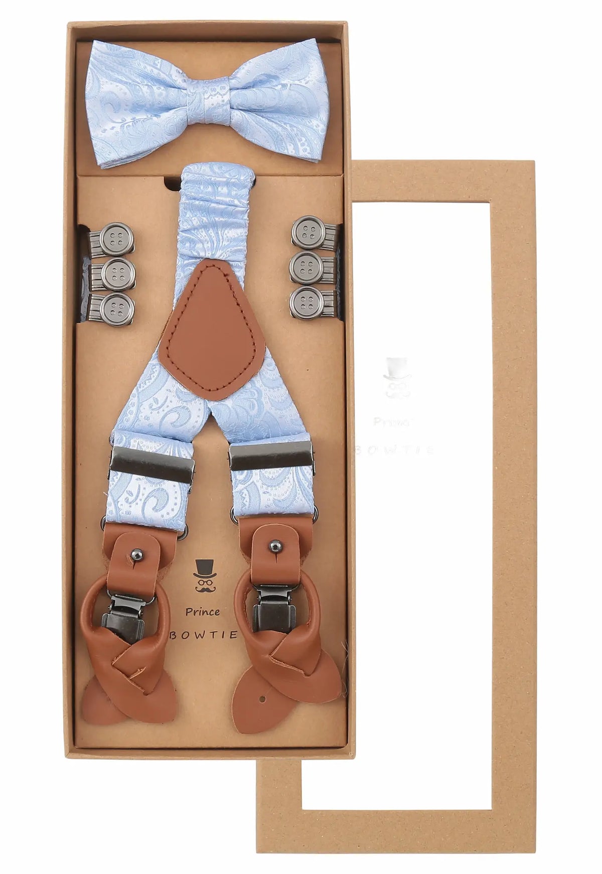 (Hellblau) Hosenträger Set Herren mit Fliege Paisley Seide – Geschenkbox Prince Bowtie