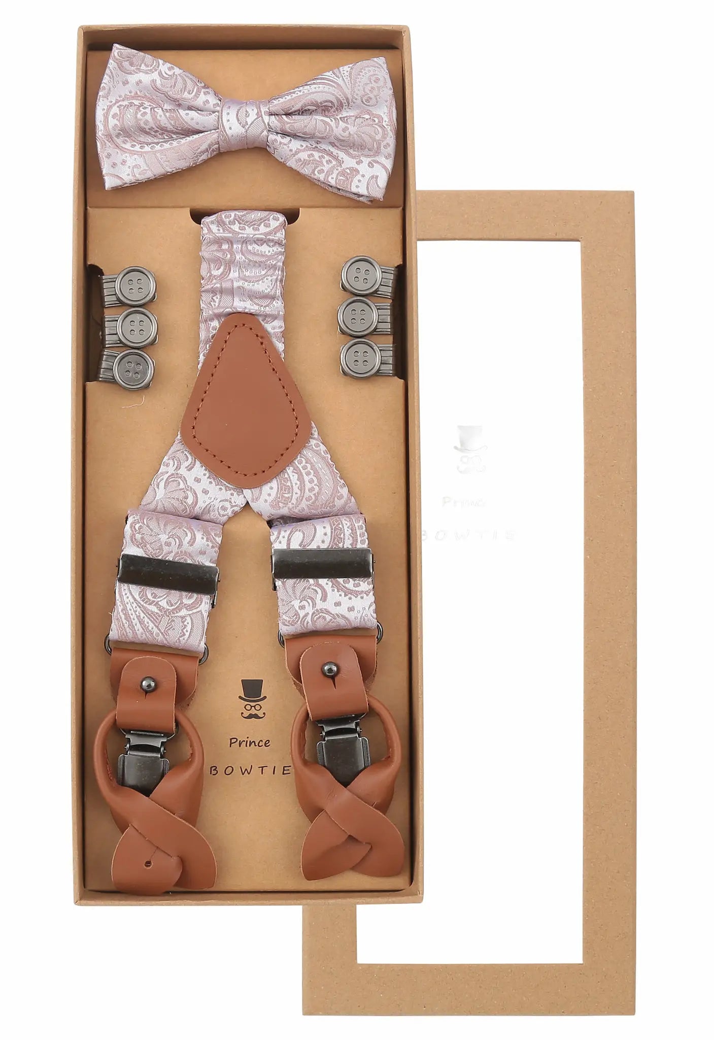 (Altrosa) Hosenträger Set Herren mit Fliege Paisley Seide – Geschenkbox Prince Bowtie