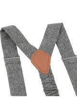 (Grau) Hosenträger Tweed – Detailansicht Rindsleder Rückenteil