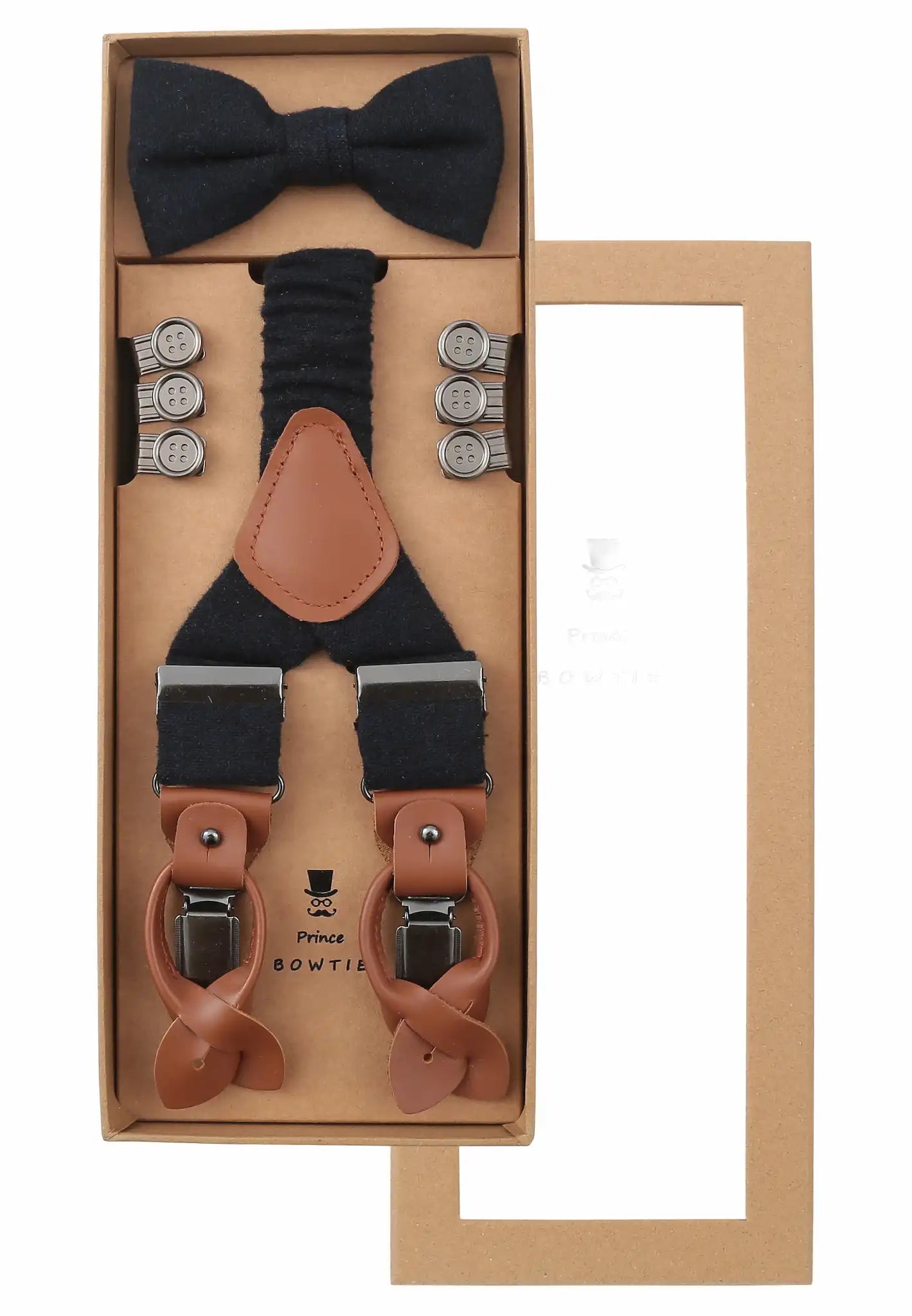 (Dunkelblau) Hosenträger Set Herren mit Fliege Tweed Wolle – Geschenkbox Prince Bowtie