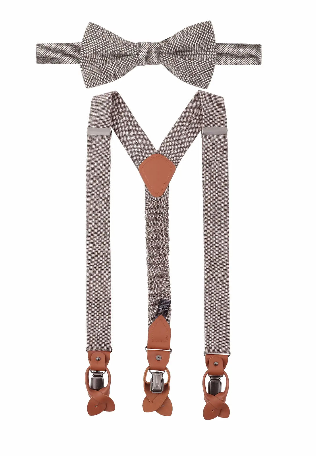 (Beige) Hosenträger und Fliege Herren Tweed – Y-Form mit Lederdetails