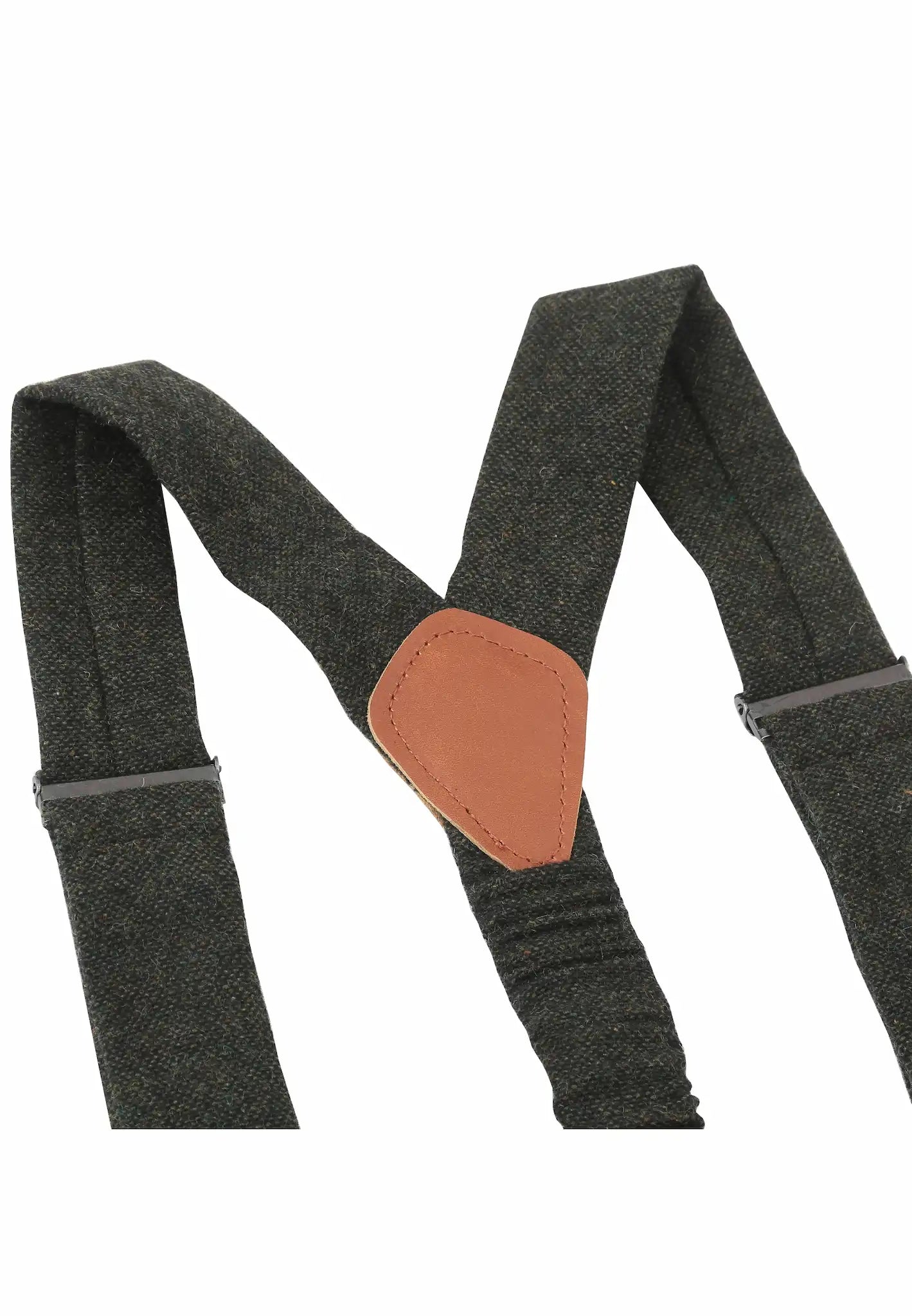 (Dunkelgrün) Hosenträger Tweed – Detailansicht Rindsleder Rückenteil
