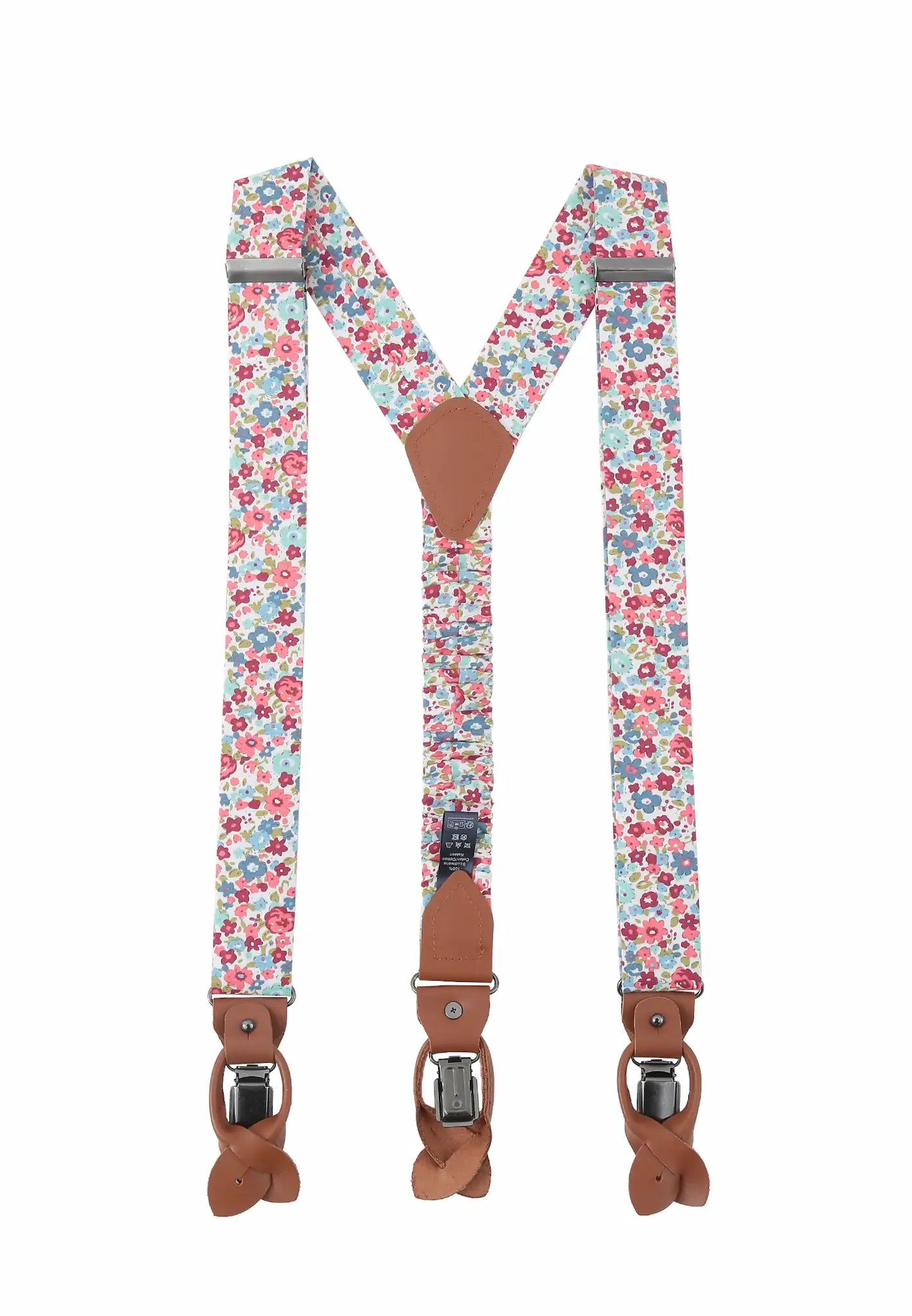 (Koralle) Hosenträger Herren Blumenmuster Baumwolle – Y-Form mit Clips und Lederdetails