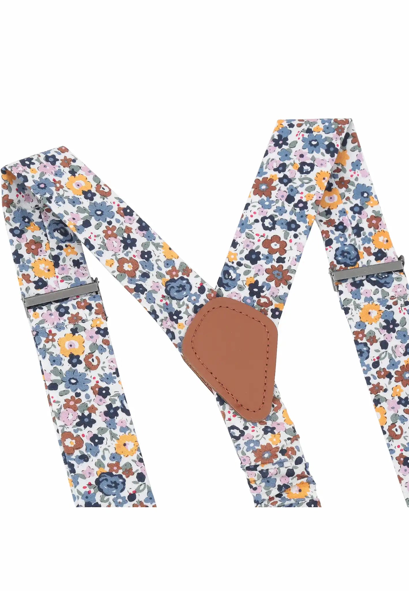 (Dunkelblau) Hosenträger Blumenmuster Y-Form – Detailansicht Lederdreieck und Muster