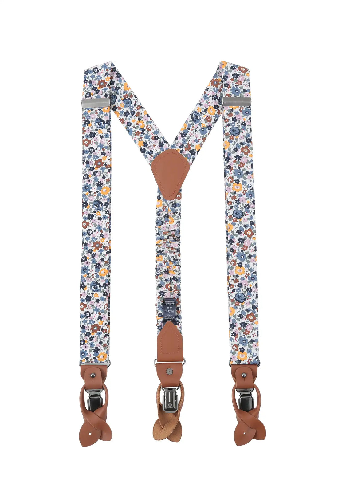(Dunkelblau) Hosenträger Herren Blumenmuster Baumwolle – Y-Form mit Clips und Lederdetails