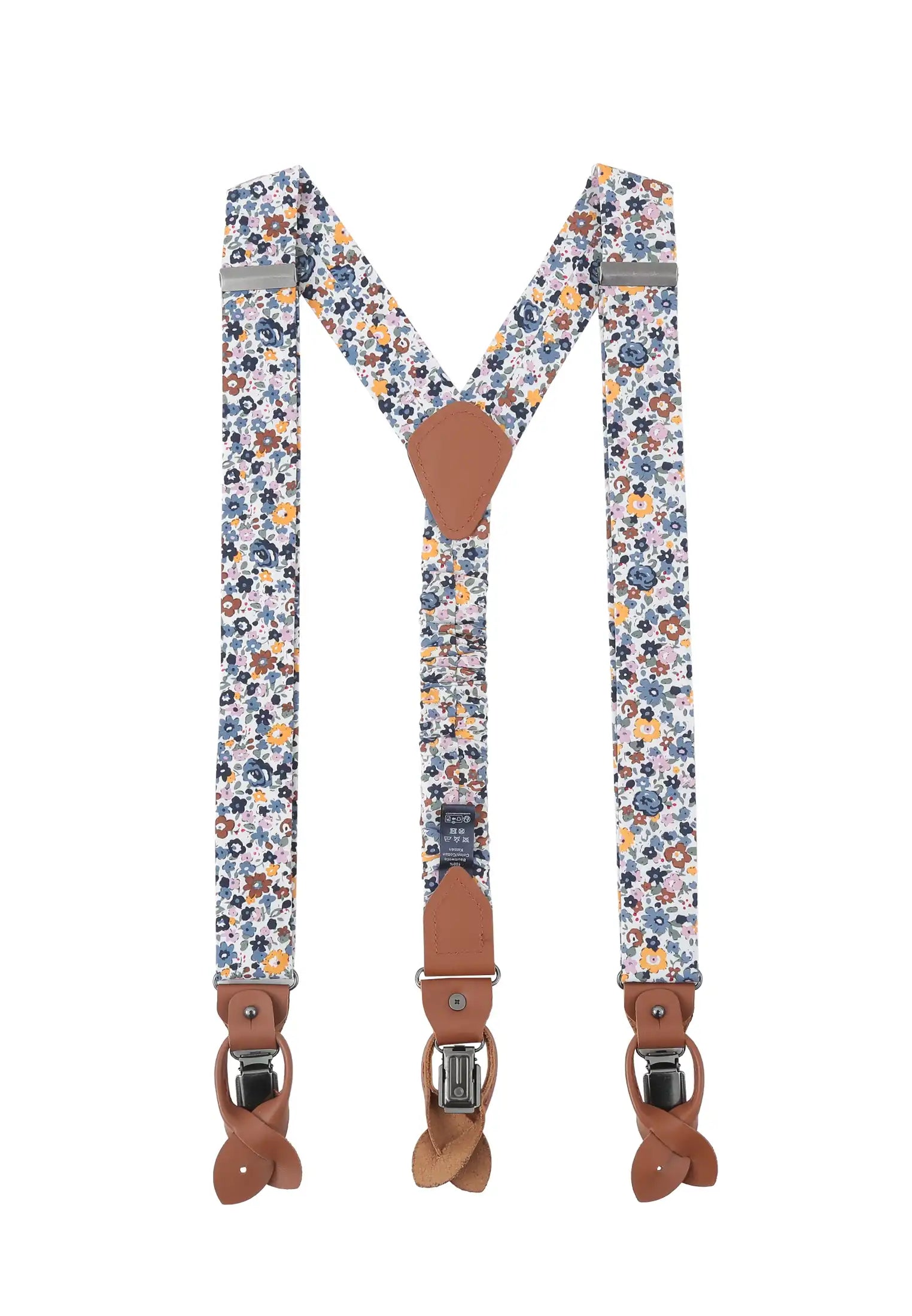(Dunkelblau) Hosenträger Herren Blumenmuster Baumwolle – Y-Form mit Clips und Lederdetails