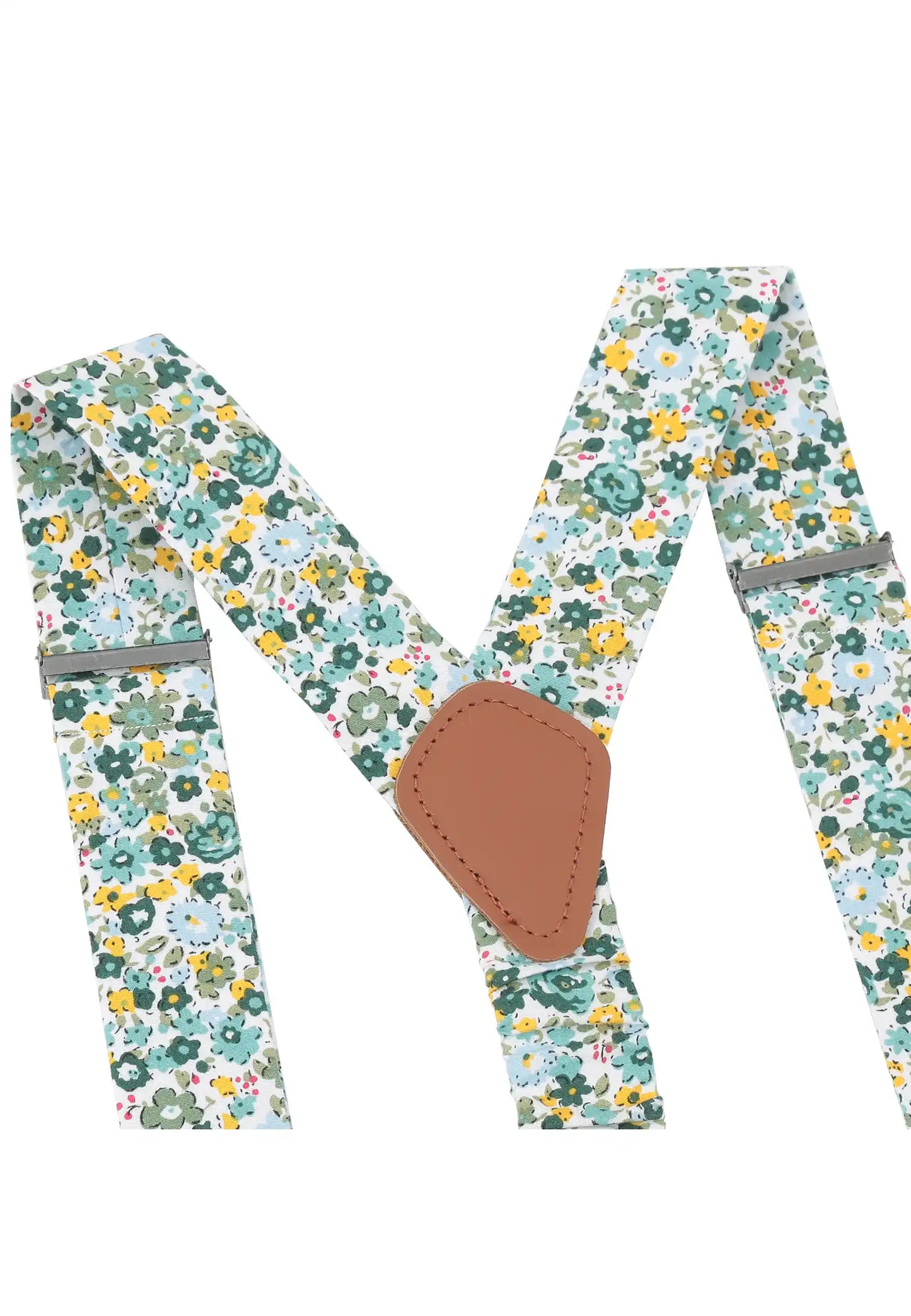 (Grün) Hosenträger Blumenmuster Y-Form – Detailansicht Lederdreieck und Muster