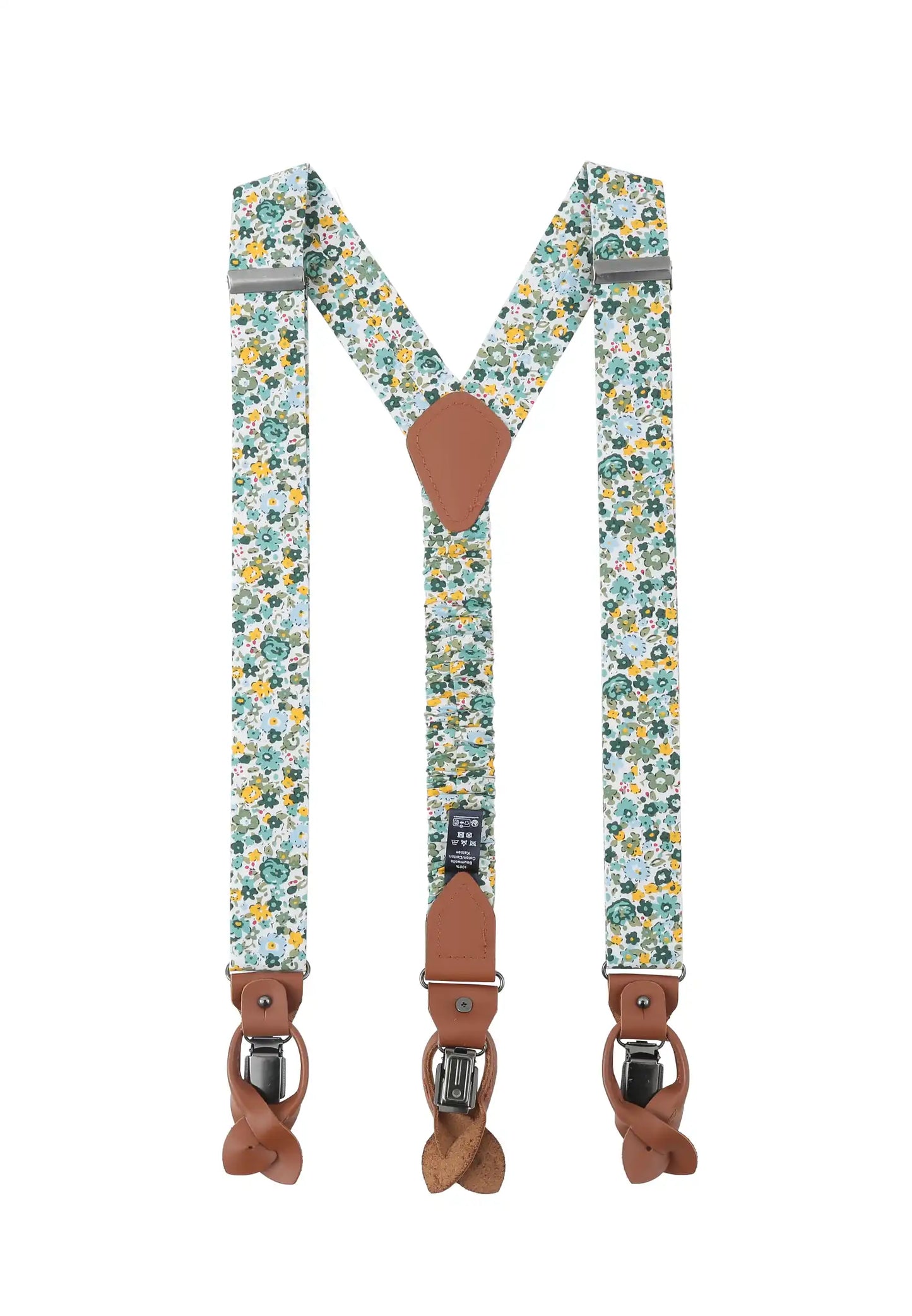 (Grün) Hosenträger Herren Blumenmuster Baumwolle – Y-Form mit Clips und Lederdetails
