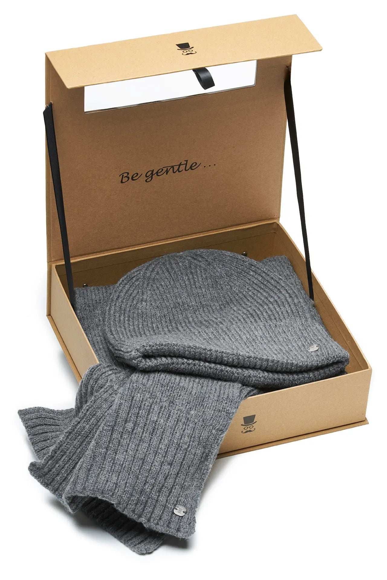 (Grau) Schal Mütze Set Herren Wolle – Winterset in Geschenkbox