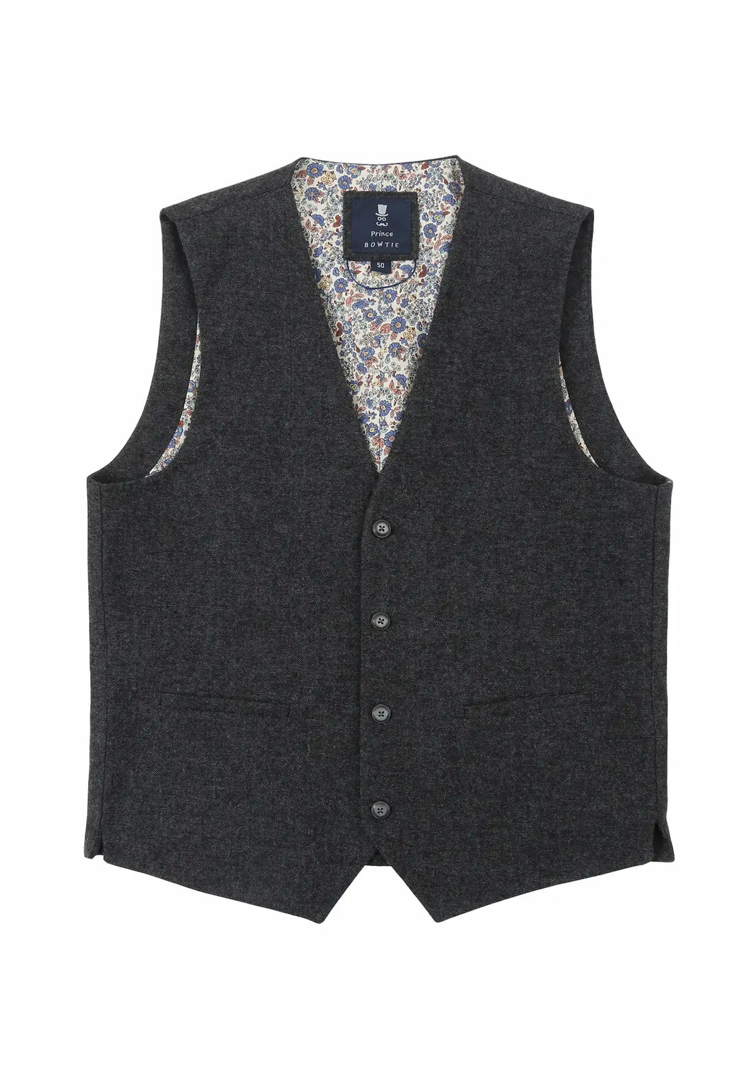 (Anthrazit) Weste Herren Tweed – Frontalansicht mit Knopfleiste und Paspeltaschen