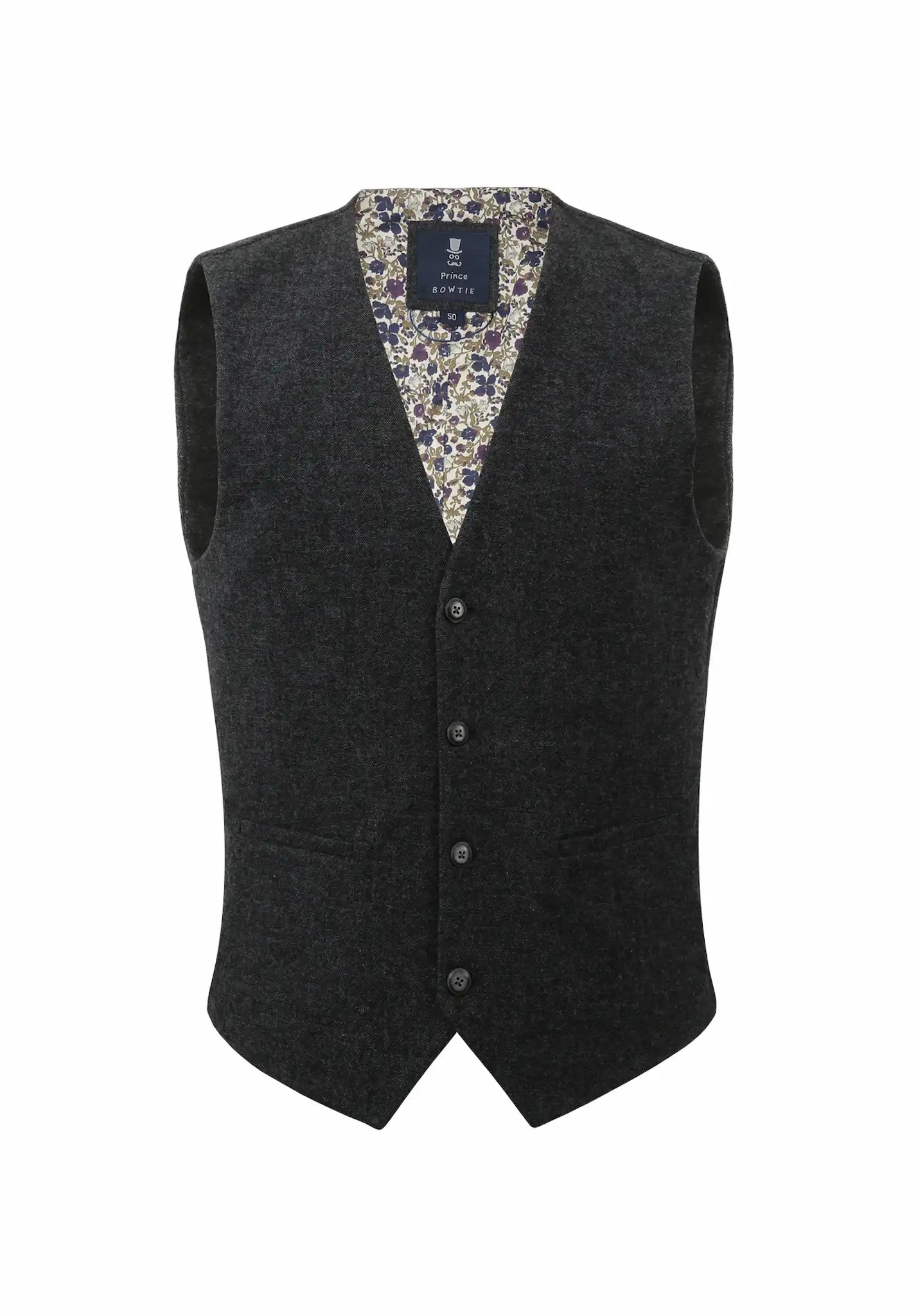 (Anthrazit) Weste Herren Tweed Wolle – Frontalansicht mit floralem Innenfutter