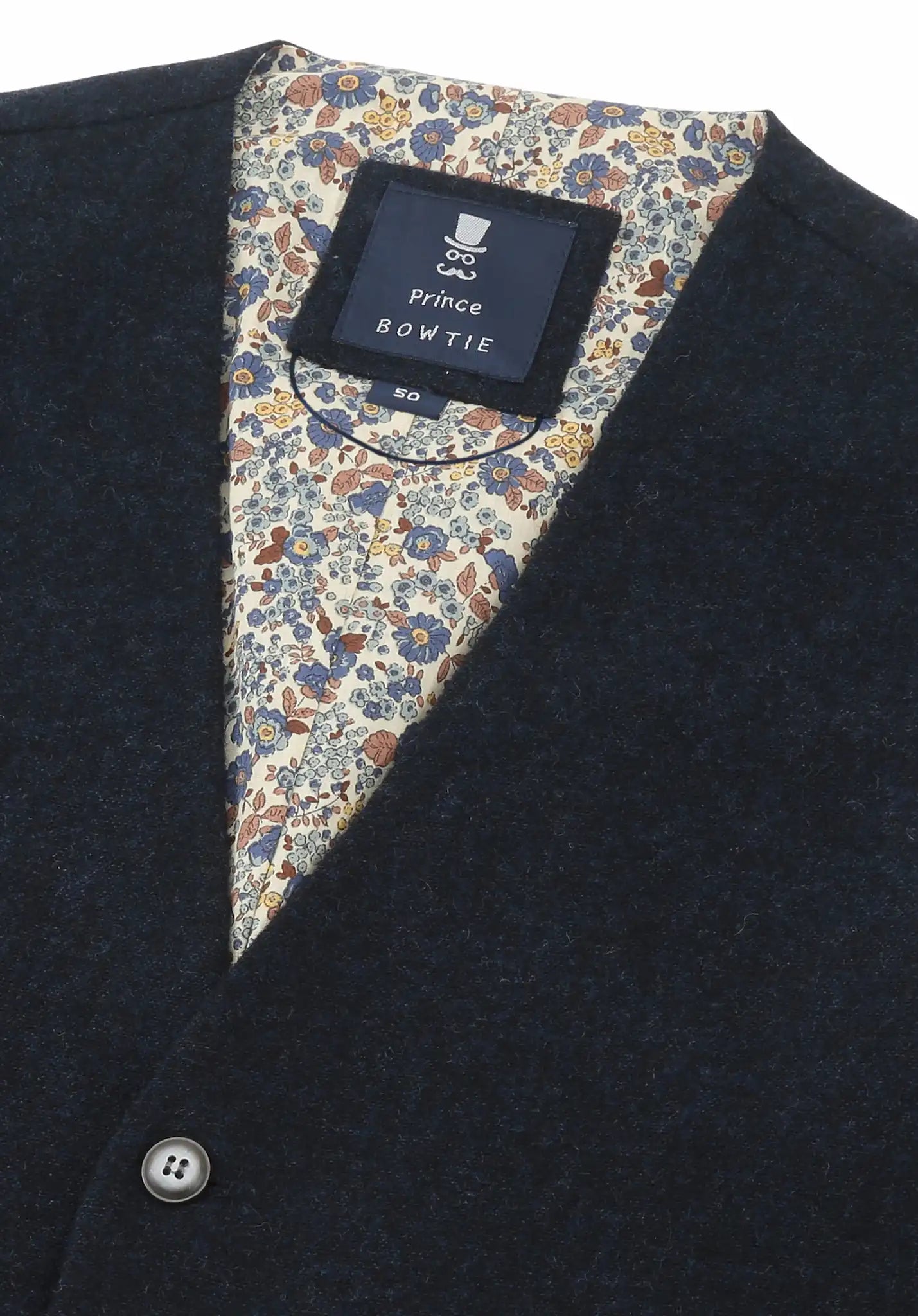(Dunkelblau) Weste Herren Tweed – Prince Bowtie Label mit Größenangabe