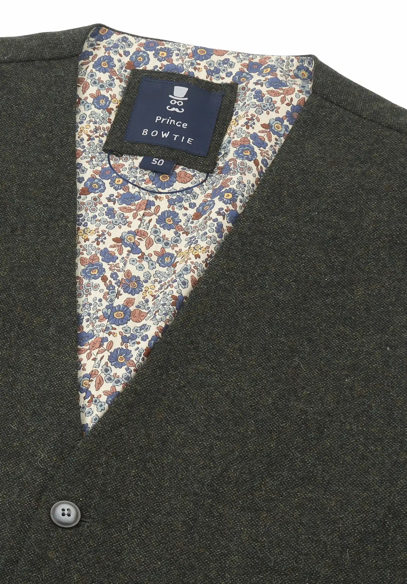 (Dunkelgrün) Weste Herren Tweed – Prince Bowtie Label mit Größenangabe
